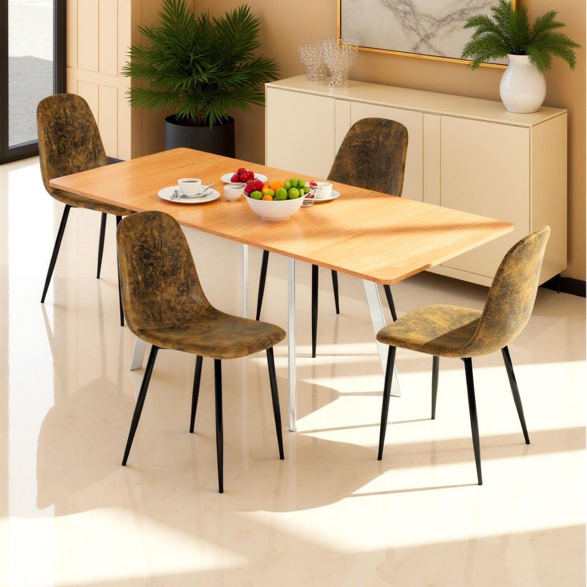 ESSTISCH SET mit ausziehbarem Esstisch und 4 Retro-Esszimmerstühlen - Braun, Holzwerkstoff/Textil (180/75/80cm) - Urban Meuble