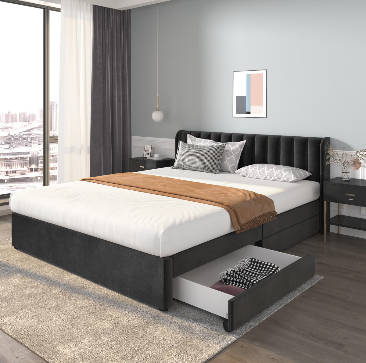 POLSTERBETT 180/200 cm Schwarz aus Samt mit 2 Schubladen - Schwarz, Textil (180/200cm) - OKMYHOME
