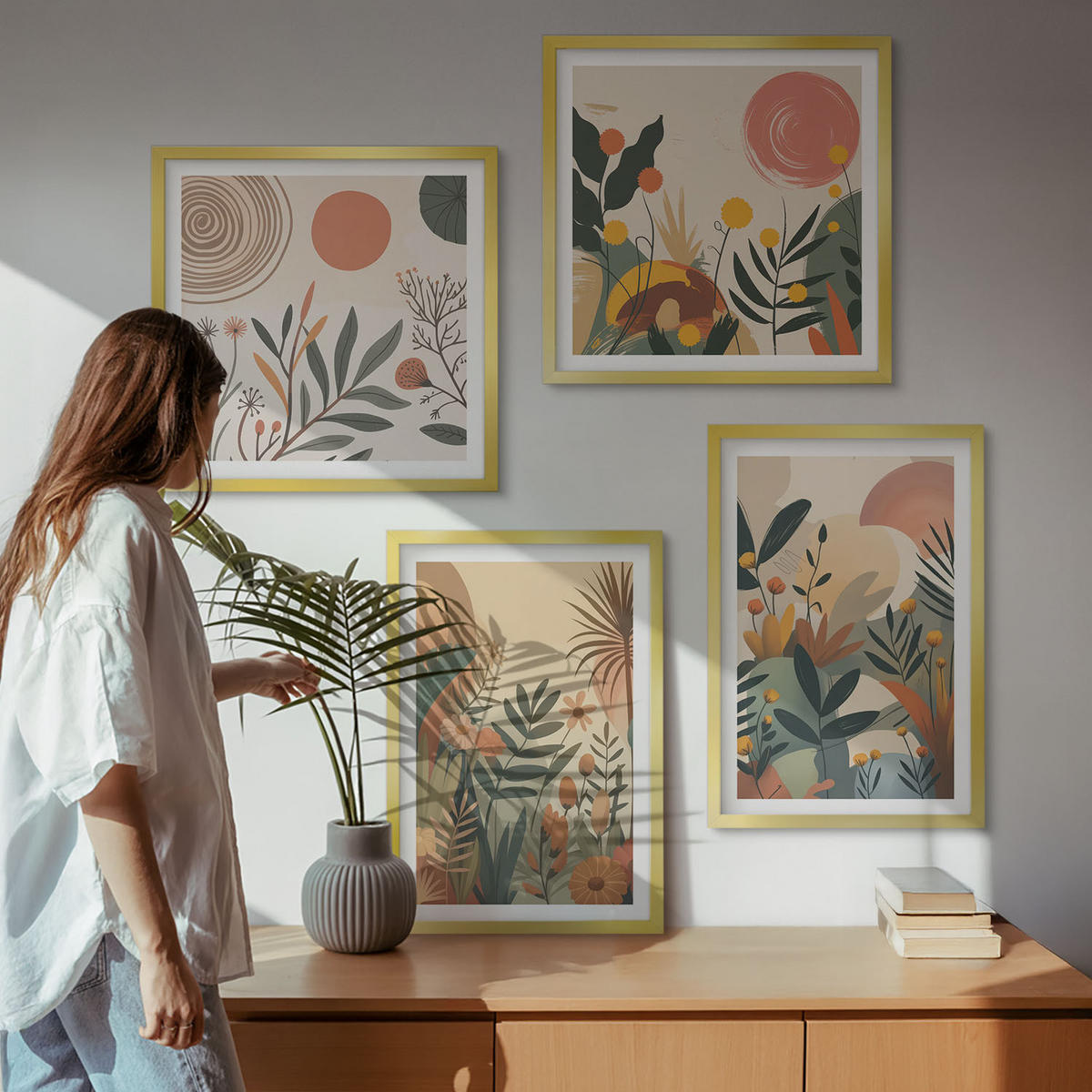 BILDER SET 4er Set - 50x50 cm & 40x60 cm Goldrahmen - Pflanzenmotive in Farben - Goldfarben, Kunststoff (50/50cm) - TULUP