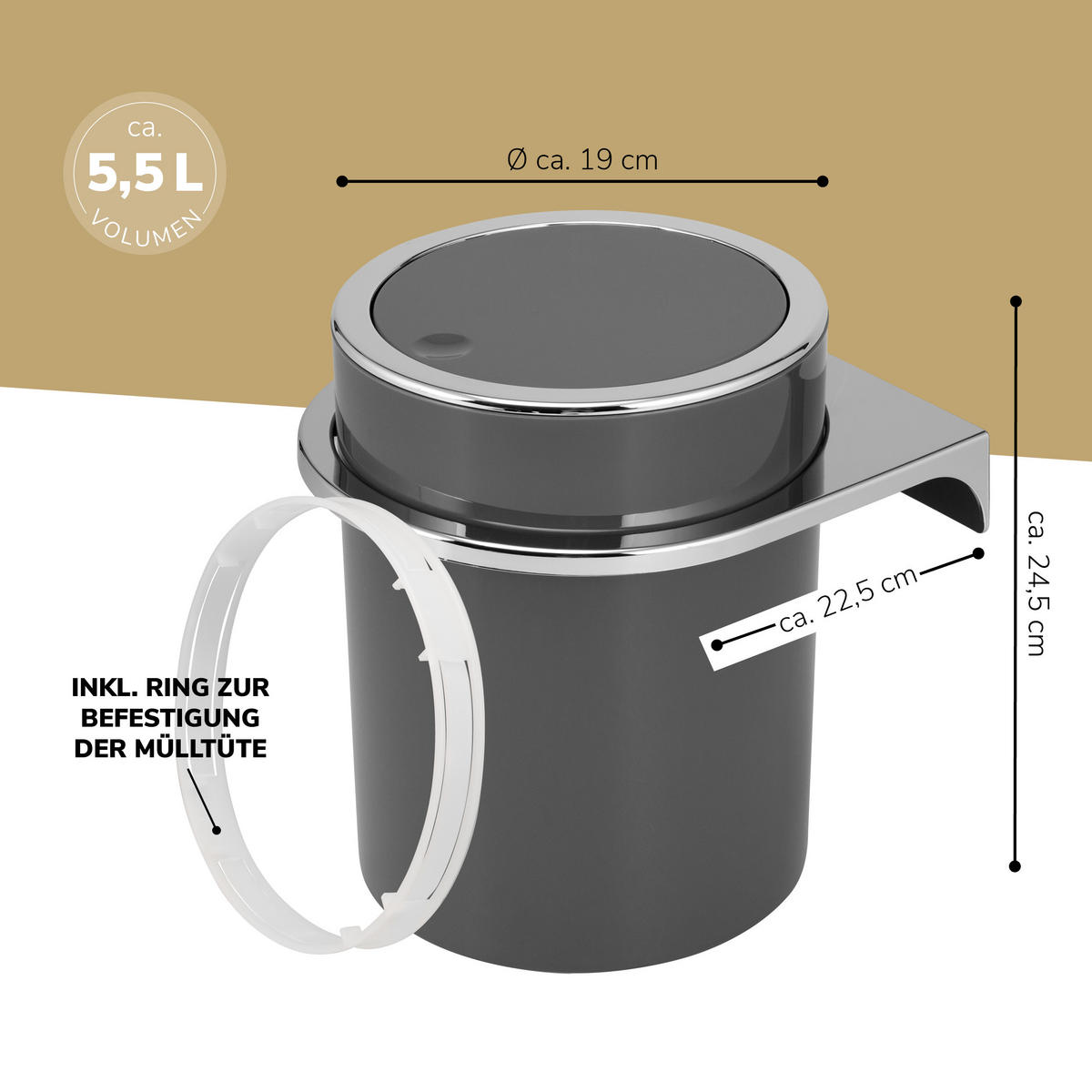 KOSMETIKEIMER SAVONA 5,5 Liter, grau - Grau, Kunststoff (19/24.5/19cm) - bremermann