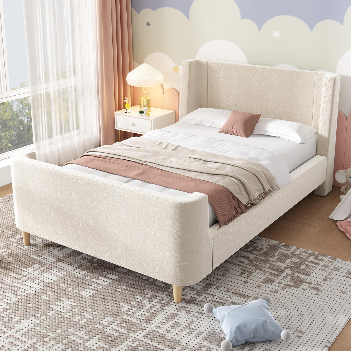 KINDERBETT 90/200 cm DE-00691, in Beige, Schlittenbett-Design und Weltraum-Muster - Beige, Holz (90/200cm) - ComfortXL