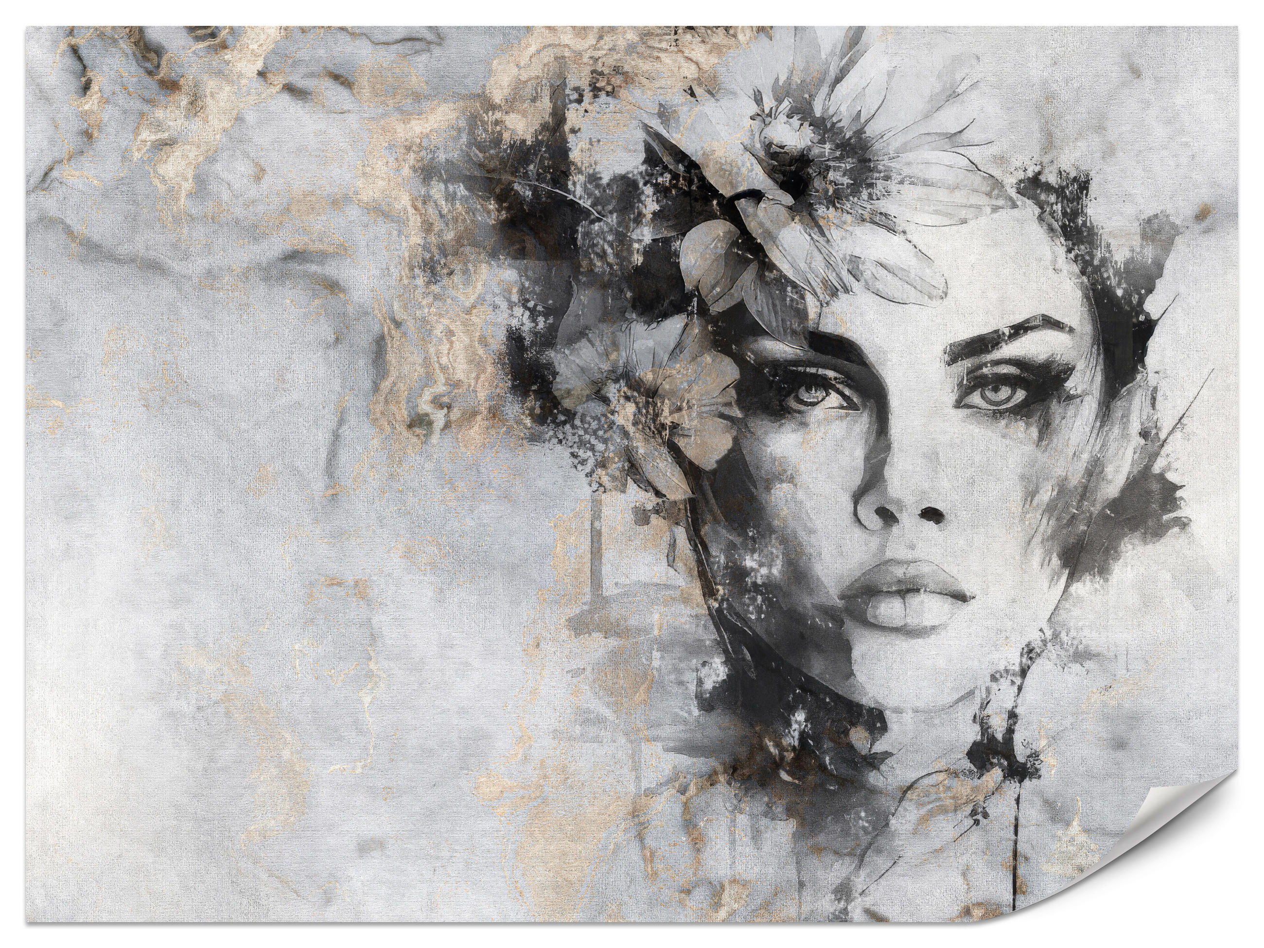 FOTOTAPETE für Wohnzimmer Frau Porträt Beton Blumen Modern 400x280 - Goldfarben/Schwarz, Papier (400/280cm) - Muralo