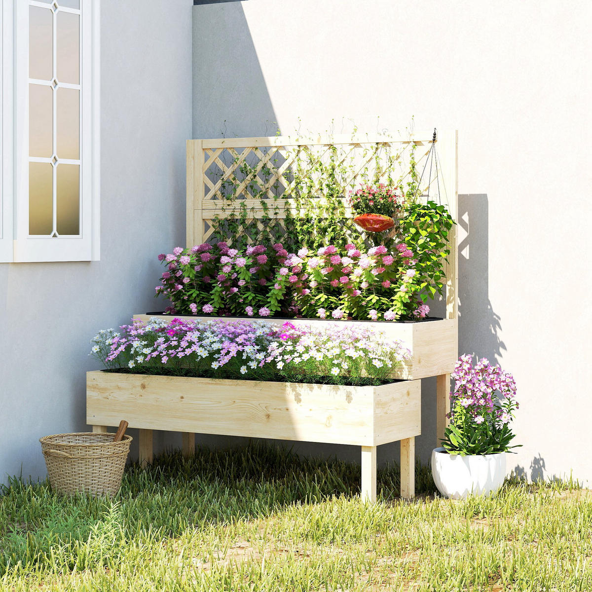 HOCHBEET mit Rankgitter Tannenholz 108/62/120 cm - Naturfarben, Holz (62/120/108cm) - Outsunny