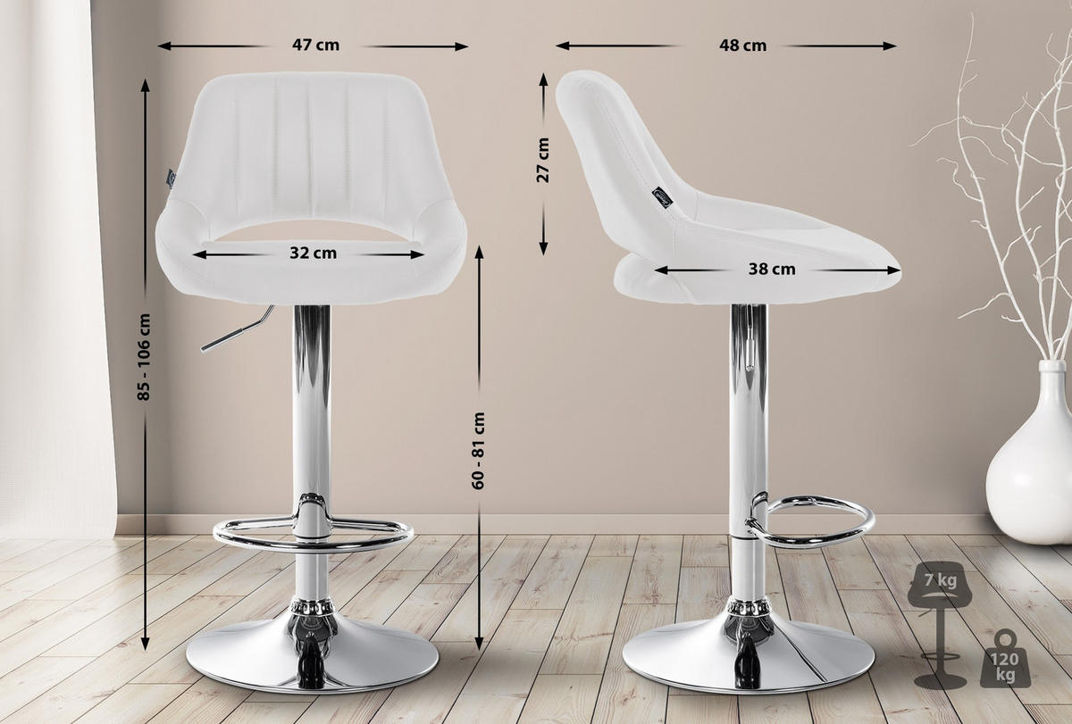 BARHOCKER Lederlook weiß - Chromfarben/Weiß, Textil/Metall (47/85/48cm) - CLP
