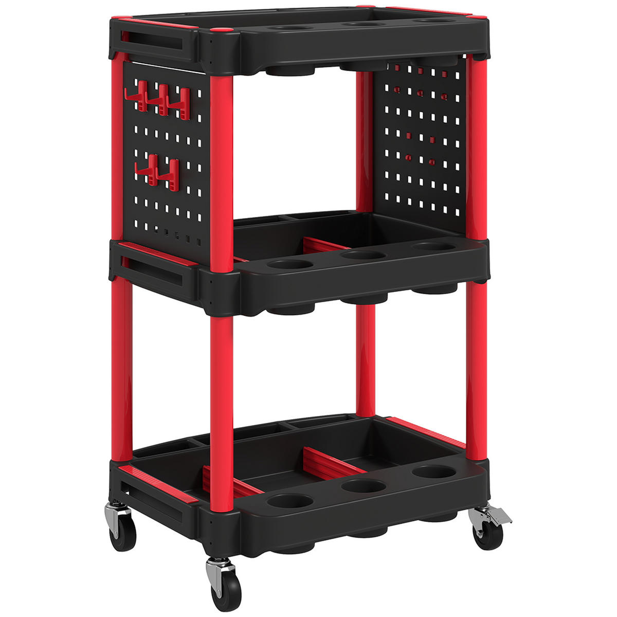 WERKSTATT-ROLLWAGEN mit 3 Etagen, Seitenlochregalen, Werkzeugwagen mit Haken - Schwarz, Kunststoff (47.5/89/56.5cm) - HOMCOM