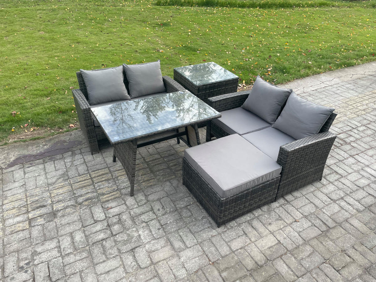 GARTENMÖBELSET mit ESSTISCH,HOCHLEHNER-SOFA Polyrattan Dunkelgrauer Mix 5-Sitzer - Dunkelgrau/Grau, Glas/Kunststoff - Fimous