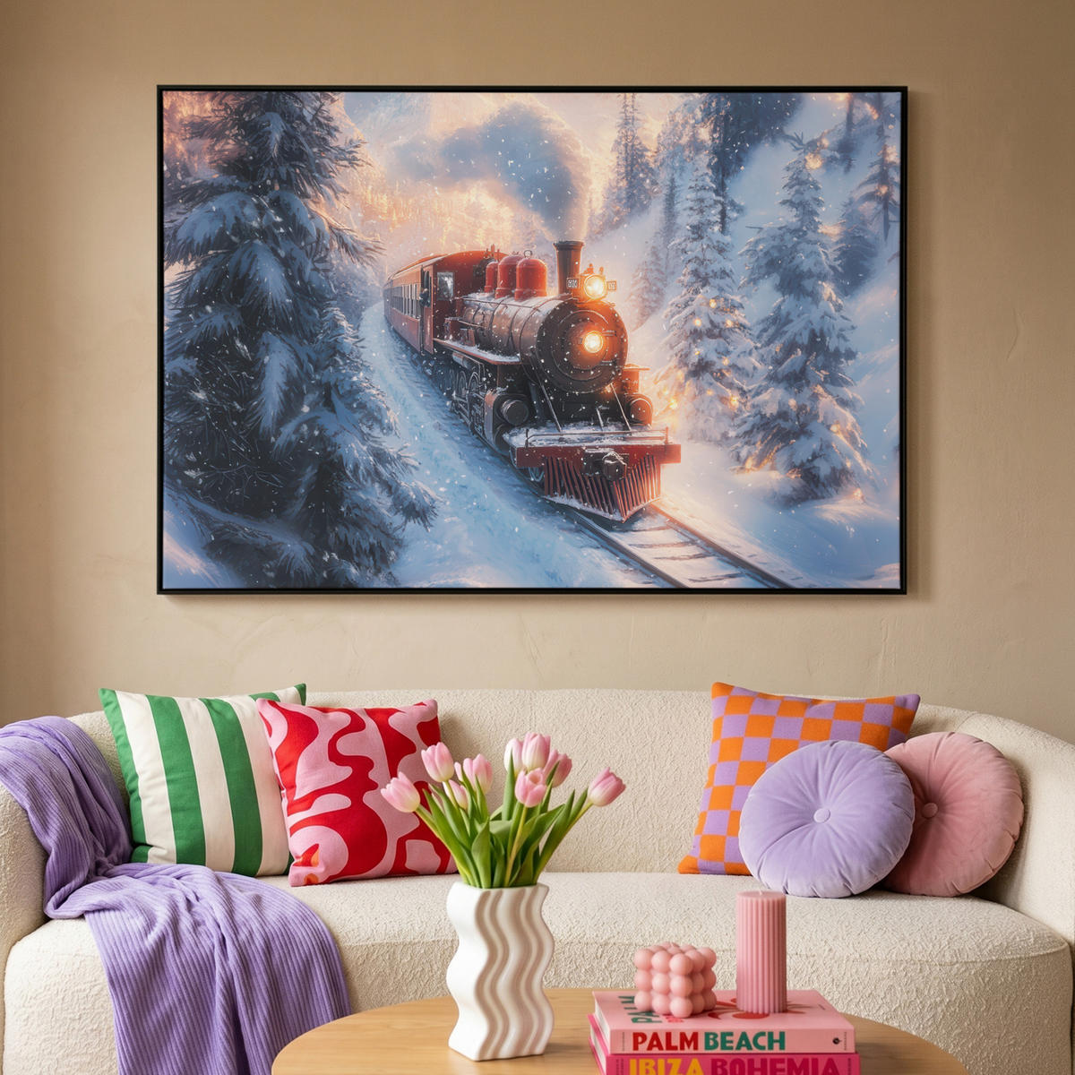 LEINWAND Bilder mit Rahmen - Weihnachtszug - Schnee - Winter - Weihnachten - 120x80 - Dunkelrot, Textil (120/80cm) - MuchoWow