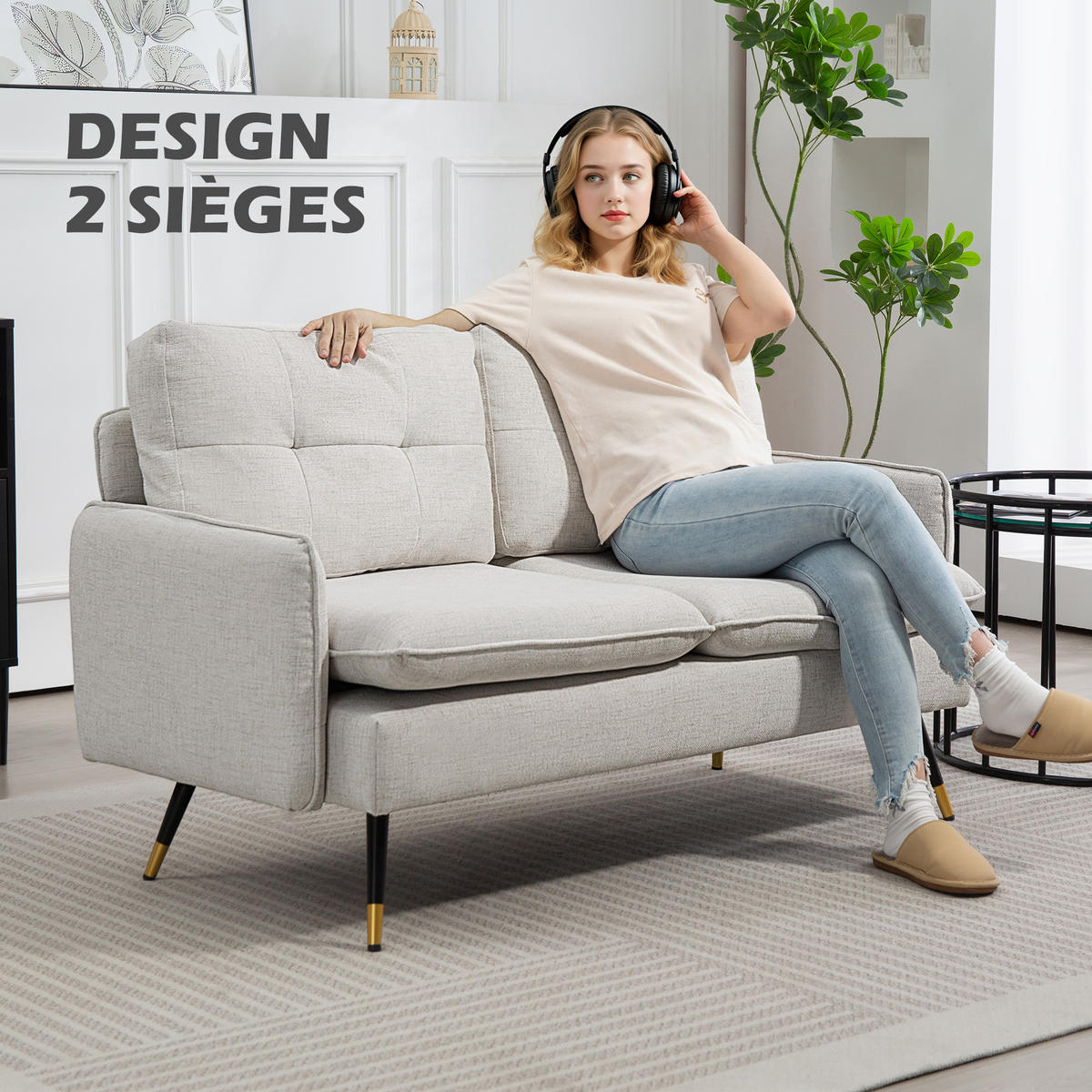 SOFA, 2-Sitzer, gesteppte Rückenlehne, cremefarben, 139x68x80cm - Multicolor, Holzwerkstoff (139/80/68cm) - FORIOUS