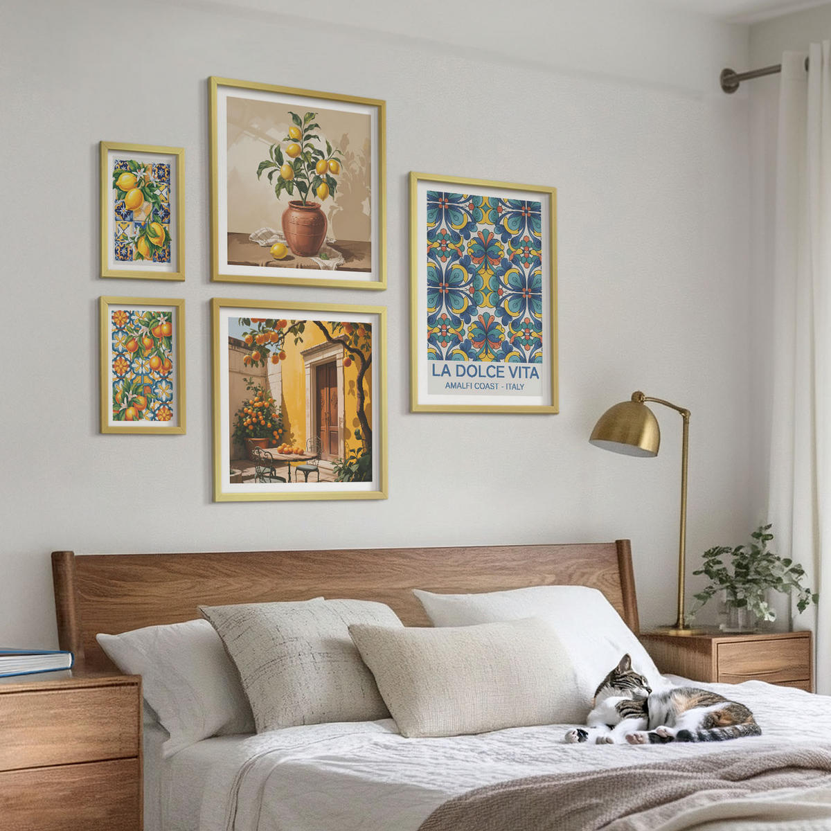 WANDBILDER 5er Set - 50x50 cm & 20x30 cm & 40x60 cm Goldrahmen - Zitronen, Blumen, Orangen, Italien - Goldfarben, Kunststoff (40/60cm) - ArtPrintCave