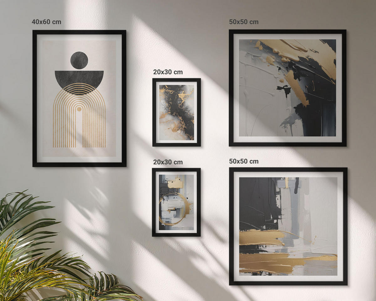 BILDER SET 5er Set - 50x50 cm & 20x30 cm & 40x60 cm Schwarzer Rahmen - Abstrakte Geometrie-Komposition - Schwarz, Kunststoff (40/60cm) - TULUP