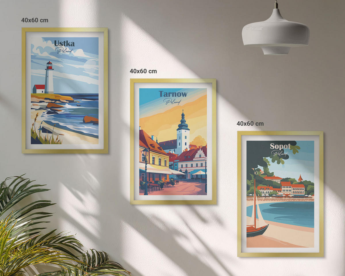 WANDBILDER 3er Set - 40x60 cm Goldrahmen - Stadtansichten Ustka Tarnów Sopot - Goldfarben, Kunststoff (40/60cm) - ArtPrintCave