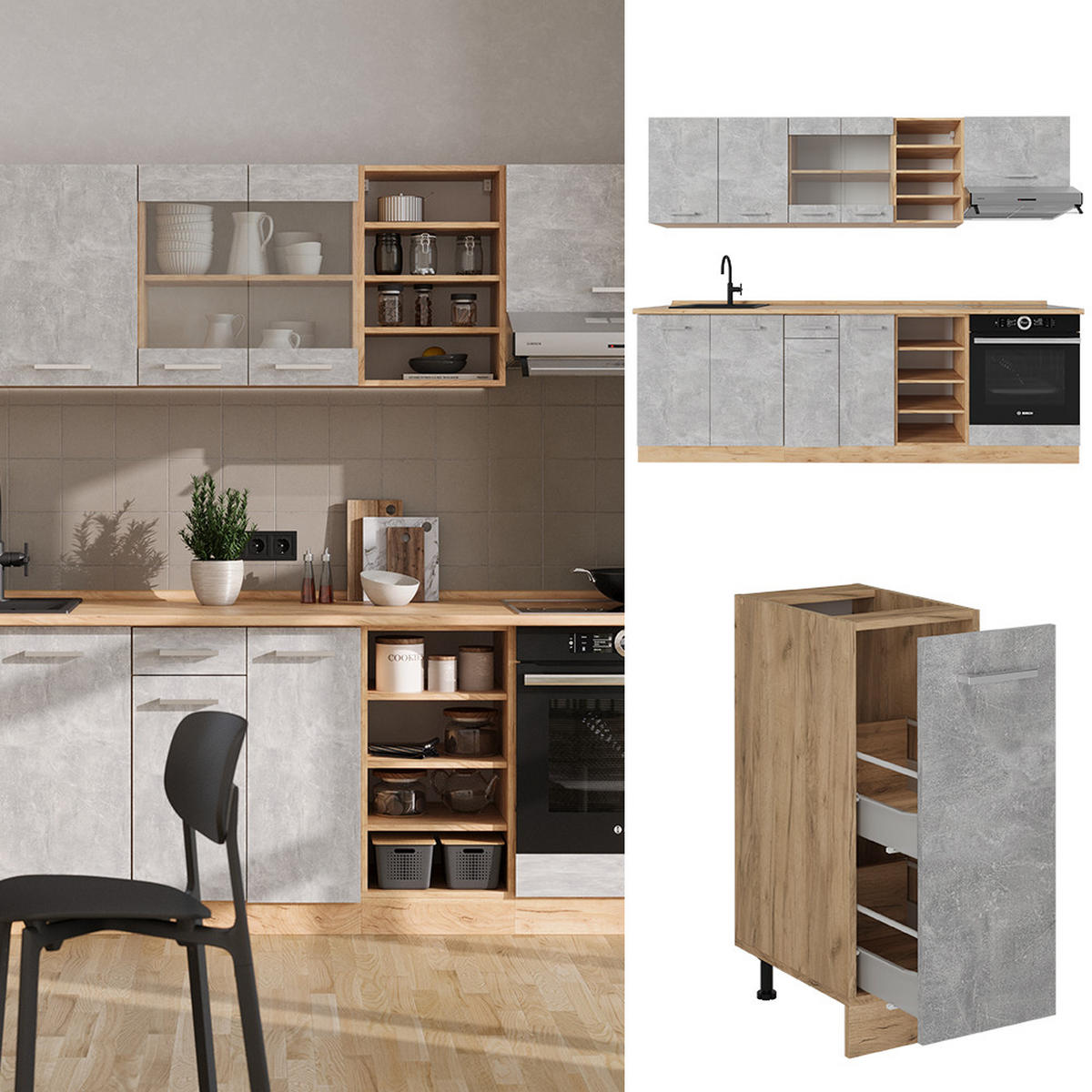 KÜCHENZEILE R-Line Beton/Goldkraft Eiche 240 cm , AP Marmor - Schieferfarben/Eiche Wotan, Holzwerkstoff (240/81.6/60cm) - Vicco