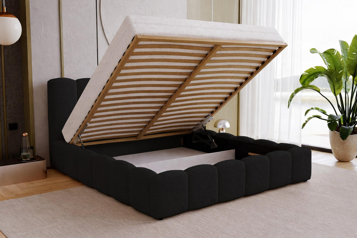 DOPPELBETT 140x200 Florent, Bettkasten, Boucle, Schwarz - Schwarz, Holz/Textil (140/200cm) - Emporius