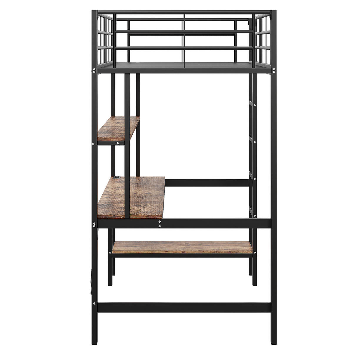 HOCHBETT aus Metall und MDF 90x200 cm Schwarz mit Schreibtisch, Regal, USB, Steckdose und LED-Ambientelicht - Schwarz, Metall (70/180cm) - Modfu