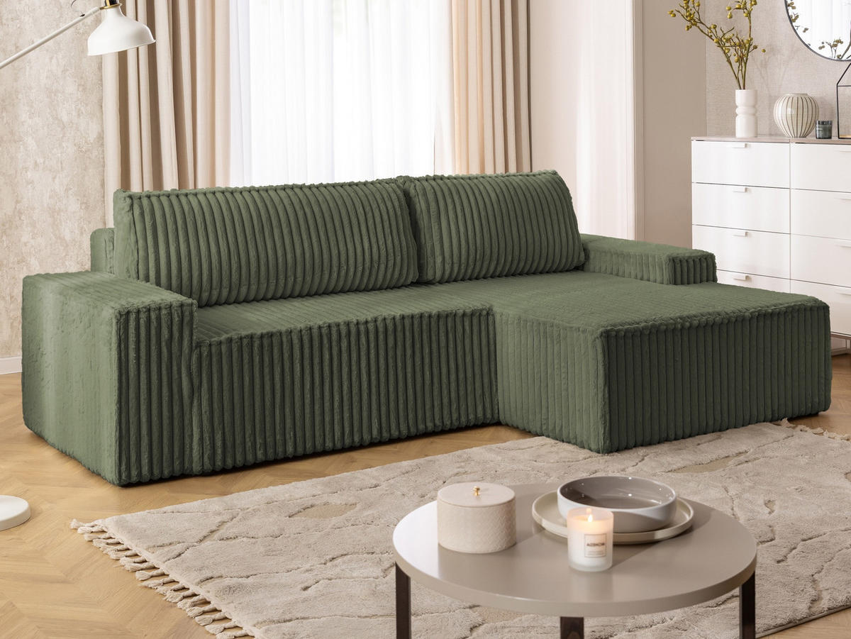 ECKSOFA Rivio mit Schlaffunktion und Bettkasten, Plüschcord Grün - Schwarz/Grün, Holz/Kunststoff (262/149cm) - S-Style