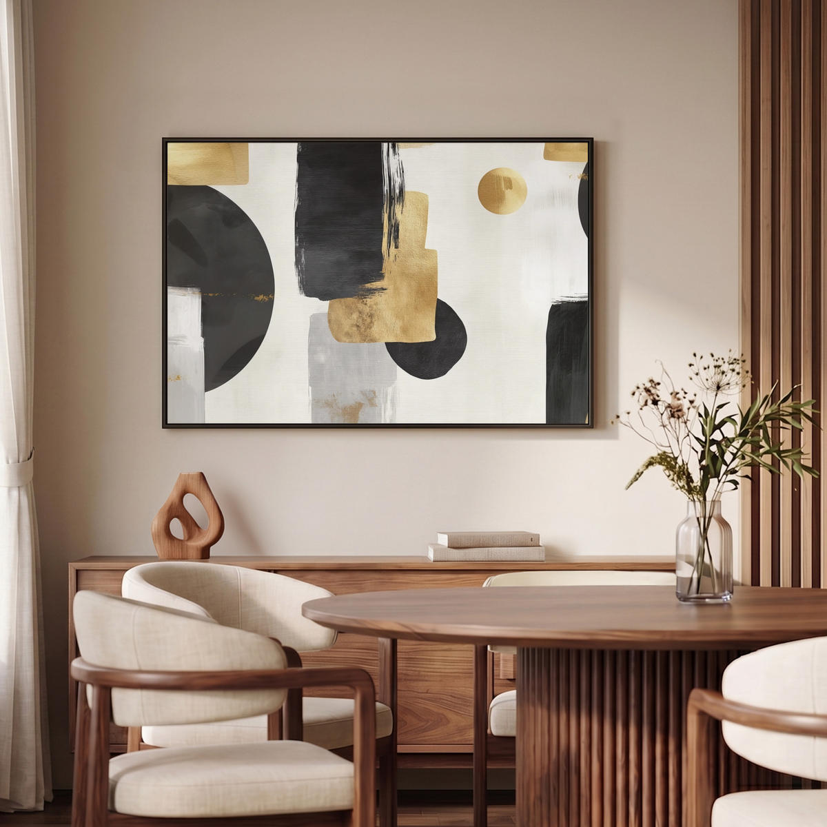 LEINWAND Bilder mit Rahmen - Gold - Rechtecke - Kreise - Abstrakt - 90x60 - Weiß, Textil (90/60cm) - MuchoWow