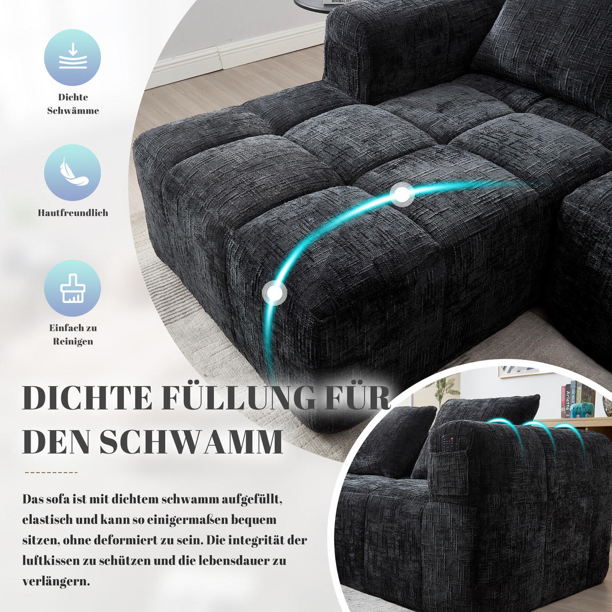 4-SITZER ECKSOFA Chenille Schwarz mit Seitentaschen und mit Kissen - Schwarz, Textil (250/158cm) - WISHDOR