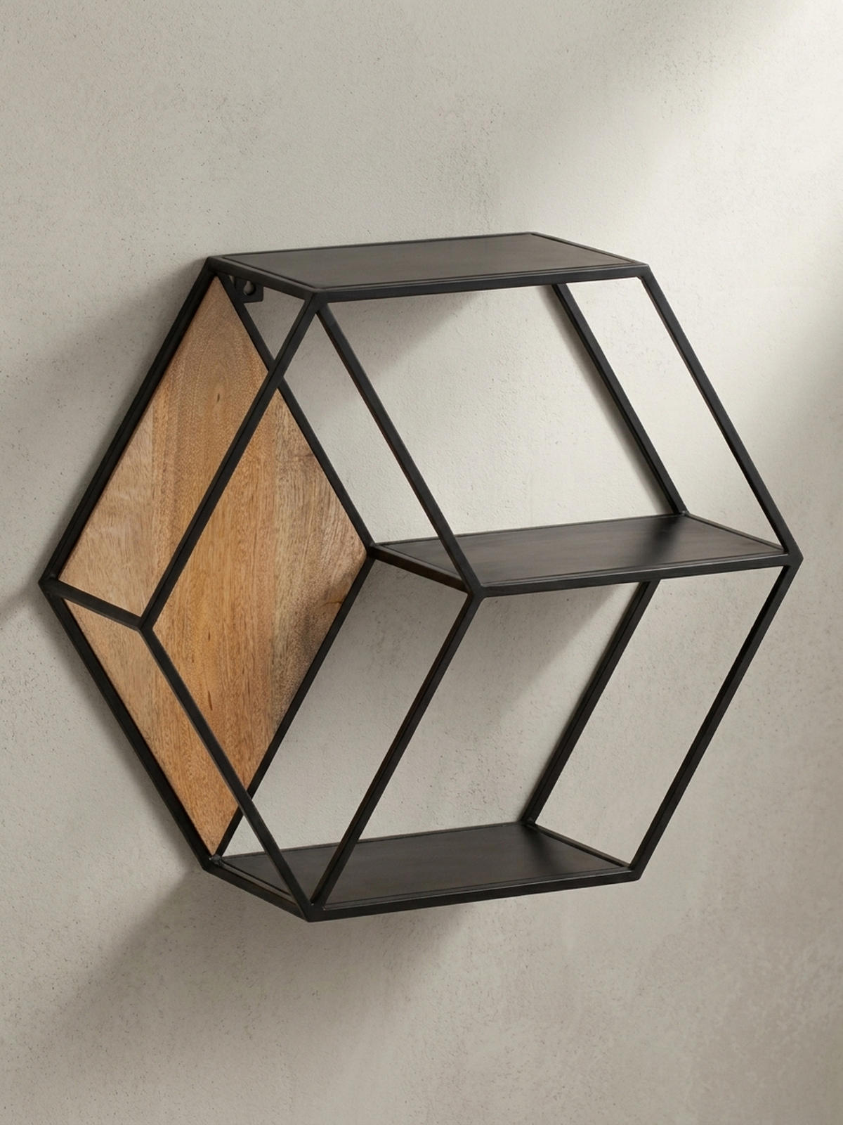 WANDREGAL Mango Massivholz Metall Industrial Stil 60x52x20 cm Sechseckig mit 3 Ablagen - Schwarz, Holz (60/52/20cm) - KADIMA DESIGN