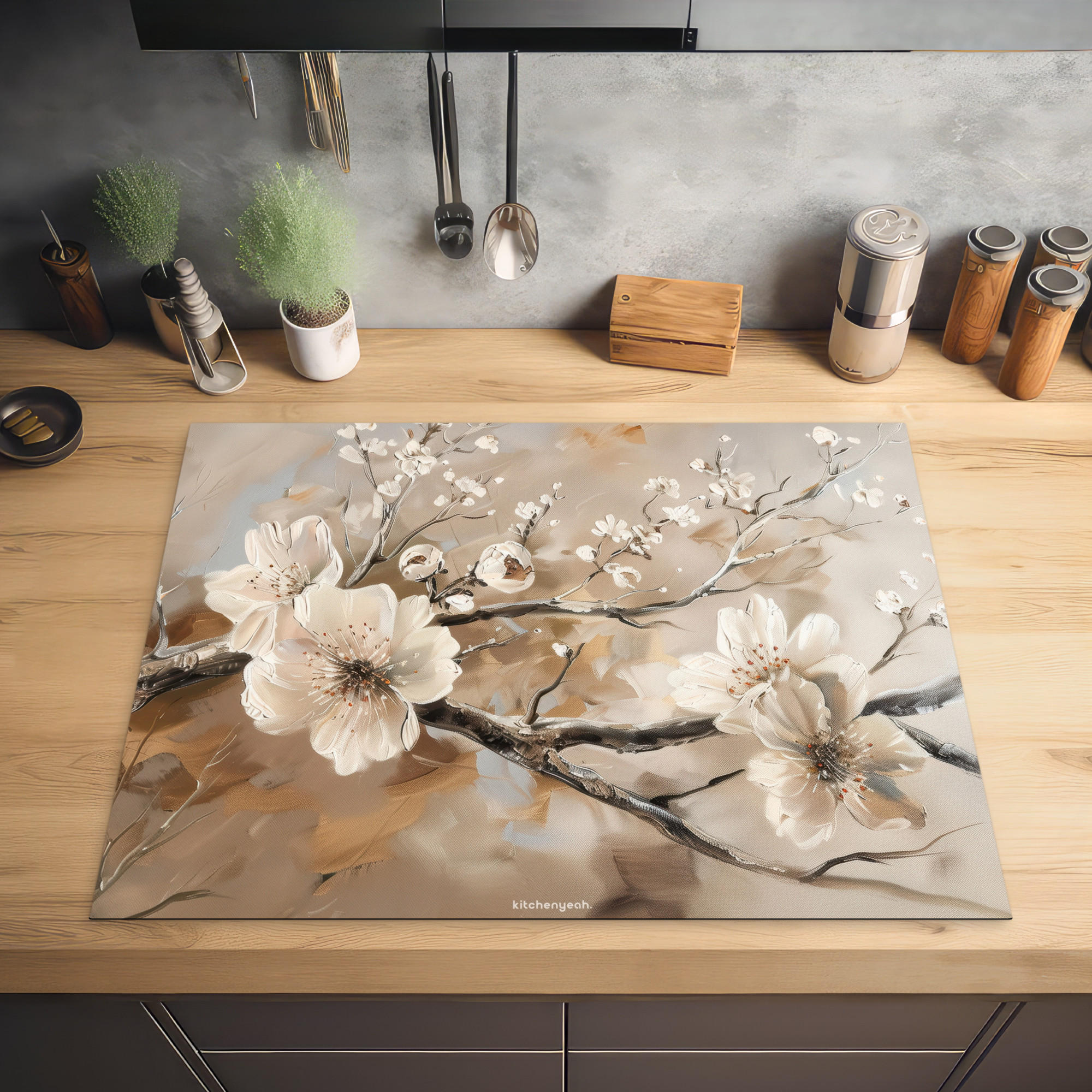 HERDABDECKPLATTE Blumen - Abstrakt - Gemalt - Beige 77x59 cm - Kaschmir, Kunststoff (77/0.2/59cm) - MuchoWow