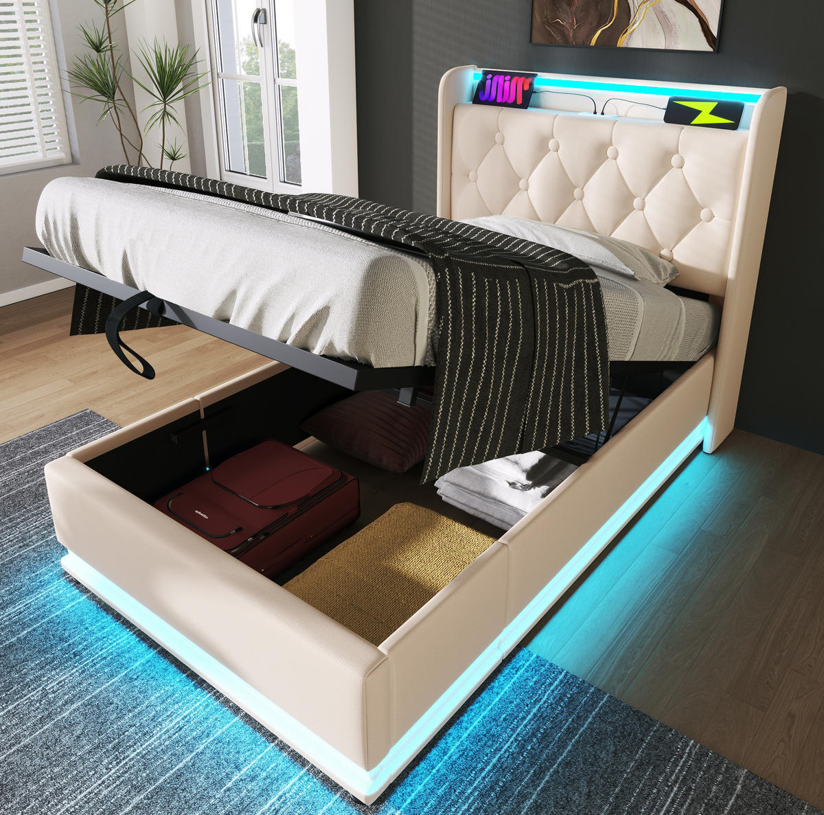 ČALÚNENÁ posteľ 90/200 cm biela s LED osvetlením USB a úložným priestorom z PU - biela, plast (90/200cm) - OKWISH