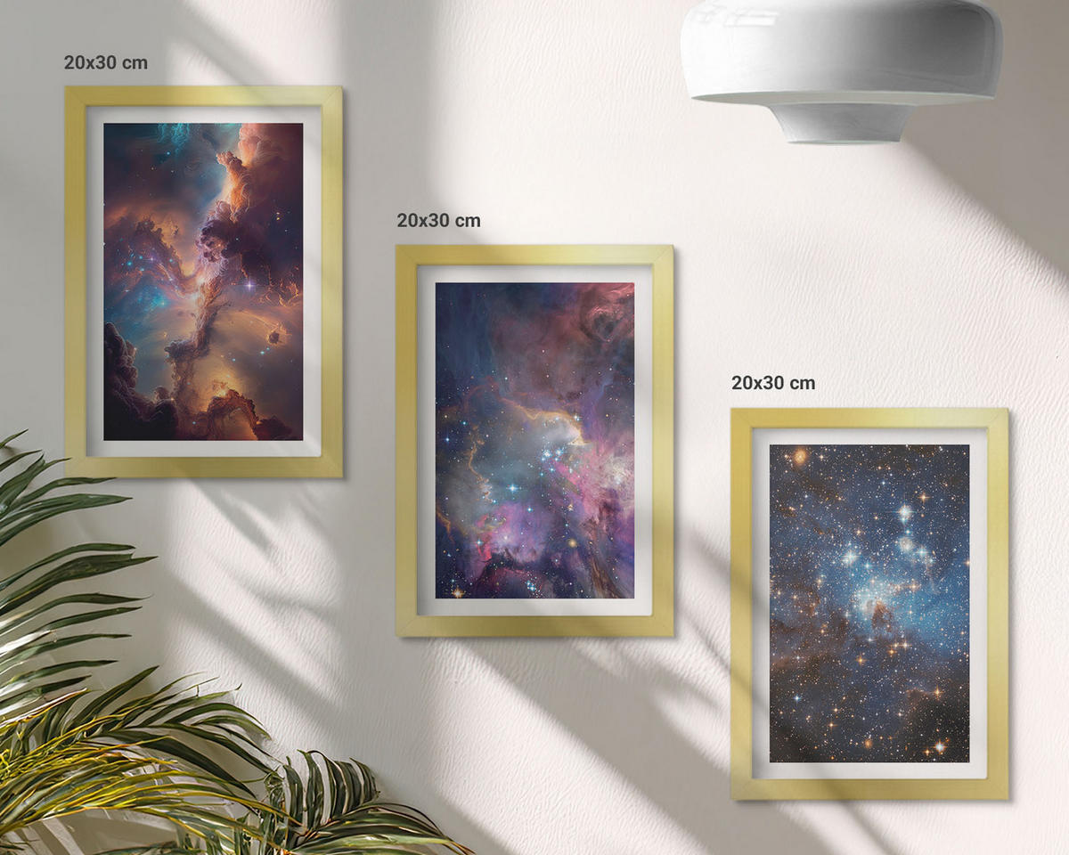 WANDBILDER 3er Set - 20x30 cm Goldrahmen - Kosmische Sternenlandschaften - Goldfarben, Kunststoff (20/30cm) - ArtPrintCave
