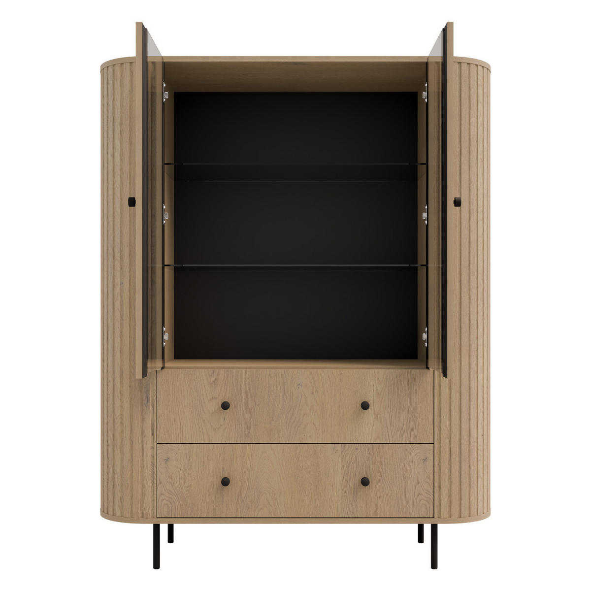 VITRINE Olivia 123 cm, mit Glastüren, 2 Schubladen und geriffeltem Design, eiche sonoma und schwarzfarbenen Metallfüßen - Sonoma Eiche, Metall (123/155/43cm) - Margaret Hadas24