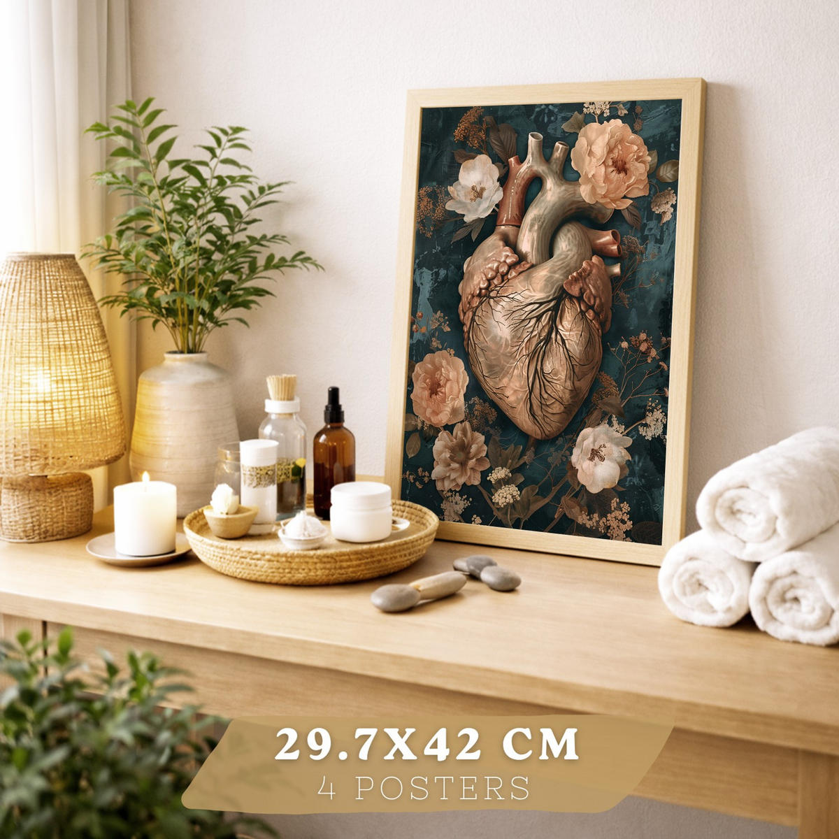 POSTER Set aus 4 Anatomie Drucke und Wandbilder mit Schädel Herz Gehirn Wirbelsäule Skelett Becken Klassisches Florales Design Größe Rahmenlos A3 - Klar, Papier (29.7/42/3cm) - Nacnic