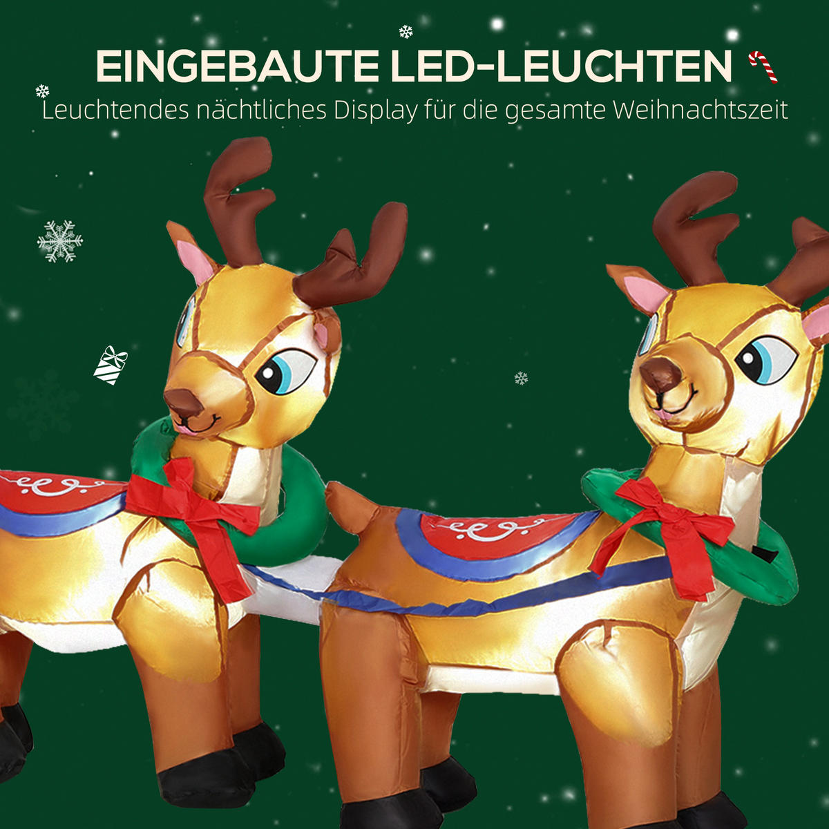 240 cm Aufblasbarer Weihnachtsmann auf Schlitten mit 2 Rentier LED-Lichtern - Rot, Textil (75/100/240cm) - Outsunny