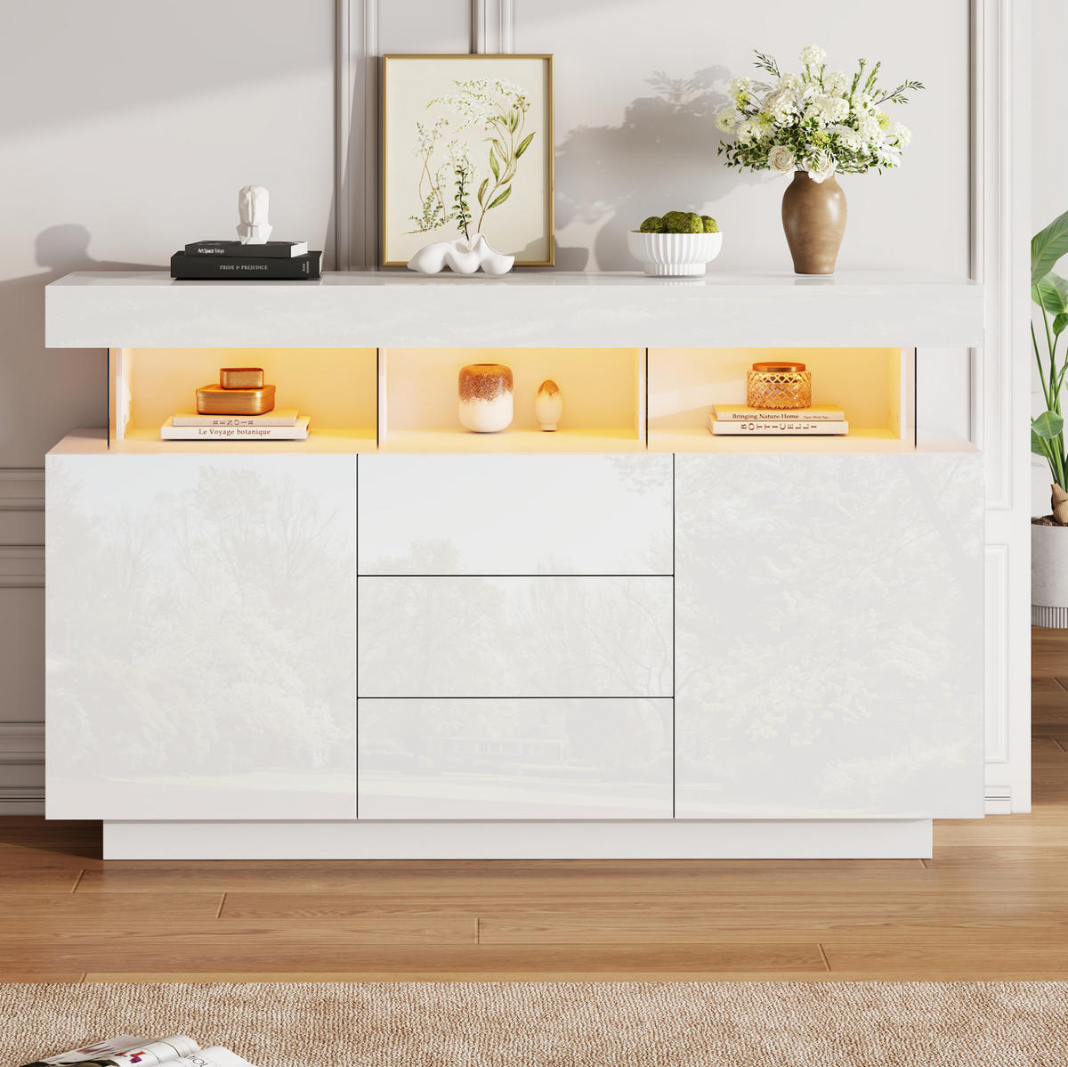 SIDEBOARD 140/35/80 cm mit LED-Beleuchtung, 3 Schubladen und 2 Türen, Hochglanz mit Acryl-Details, Weiß - Weiß, Holzwerkstoff (140/80/35cm) - Redom
