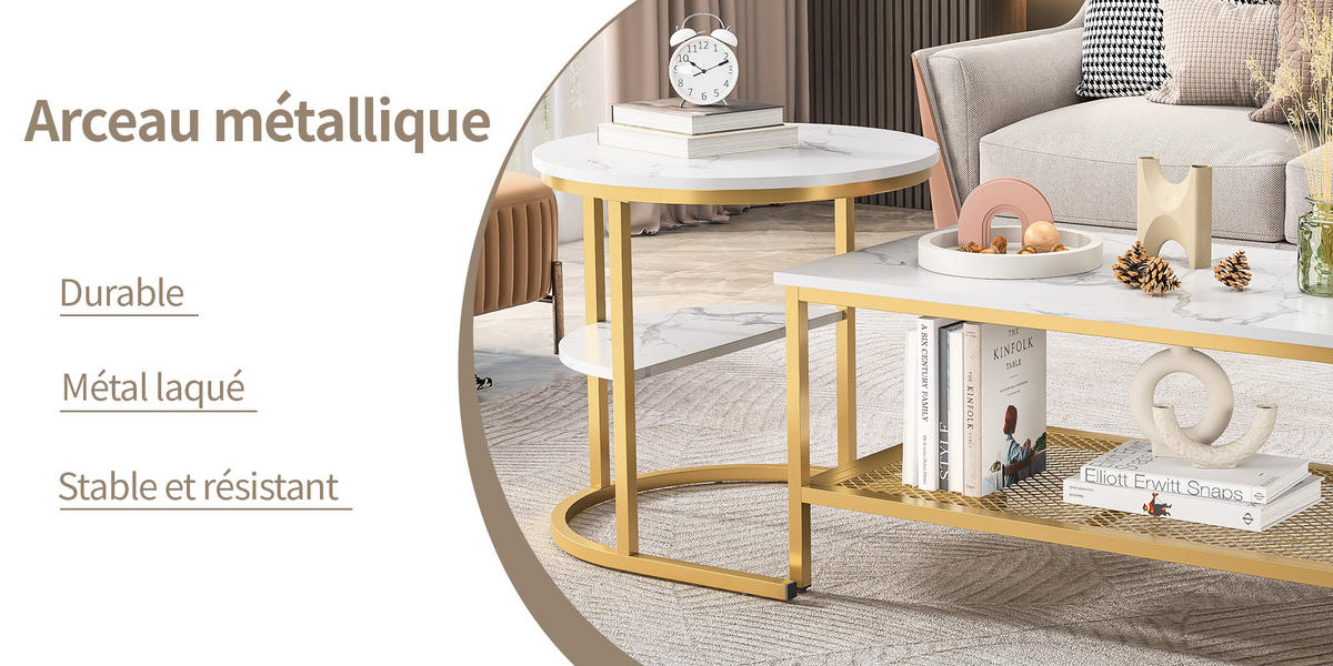 COUCHTISCH satz marmoroptik weiß goldgestell verschiebbar - Multicolor, Metall (80/46/41cm) - SHOPENTRA