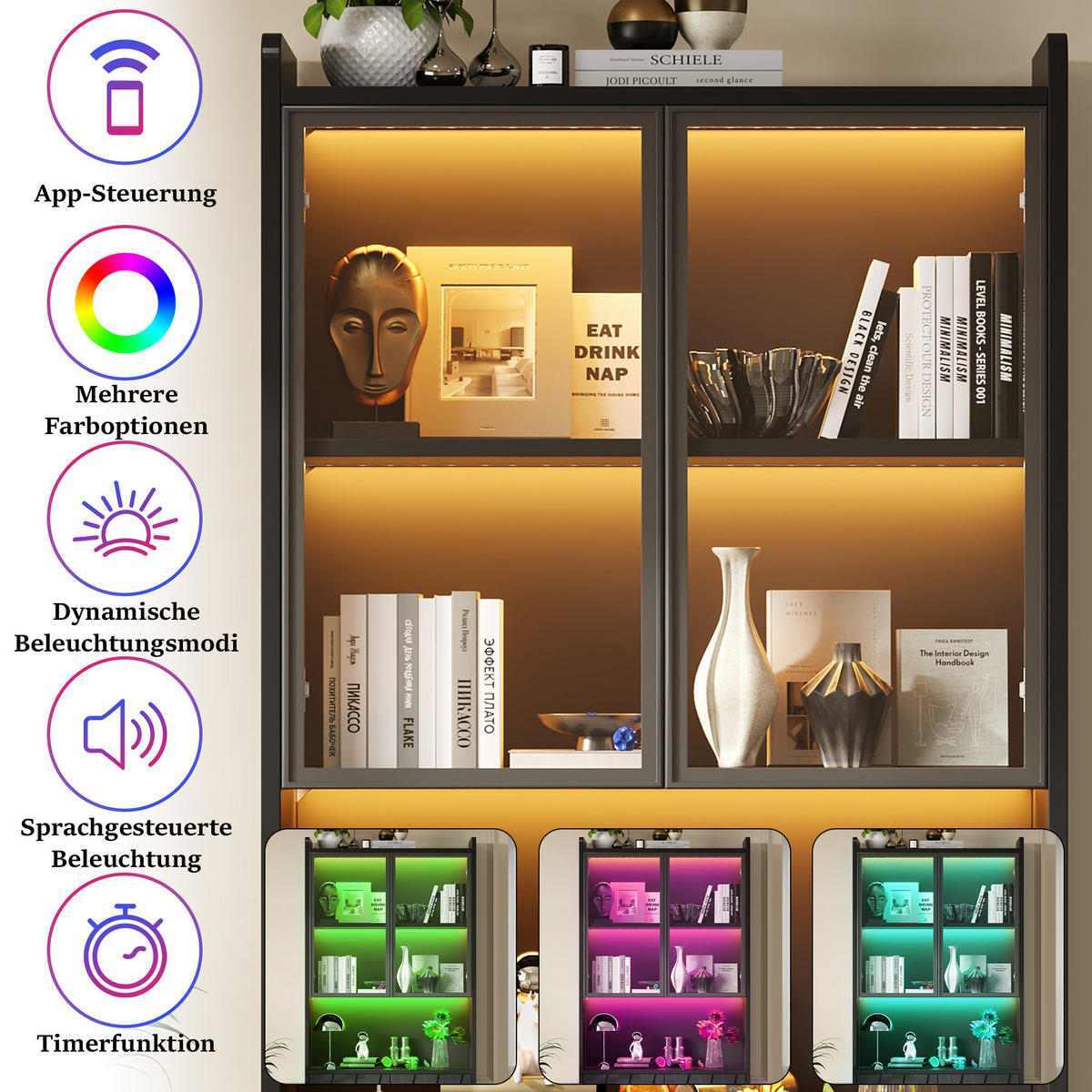 VITRINE 2er-Set 160x35x200 cm Schwarz LED Glastüren - Schwarz, Holzwerkstoff (160/200/35cm) - FLIEKS
