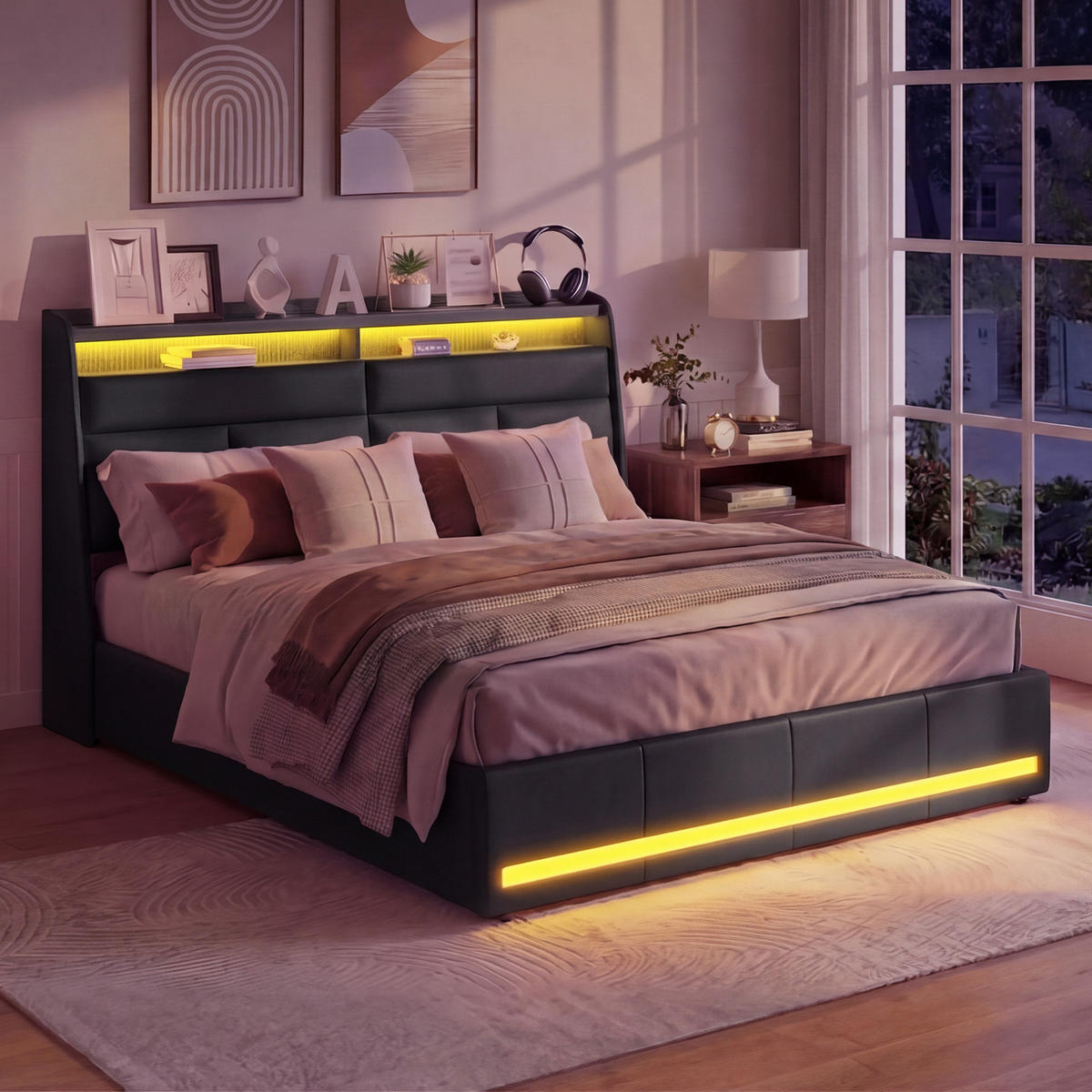 DOPPELBETT 140x200 cm mit Bettkasten LED Ladestation Schwarz Stauraumbett - Schwarz, Holz (140/200cm) - PARAFTA HOME
