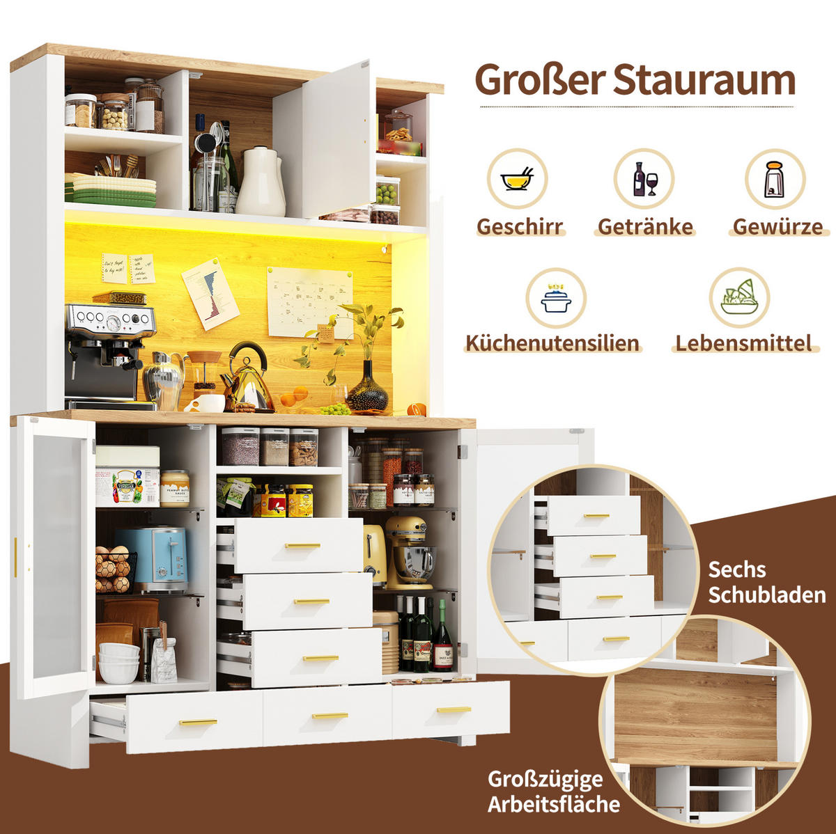 BUFFET 120/40/188 cm aus MDF und Glas mit LED-Lichtleiste Weiß mit Holzdekor - Weiß, Holzwerkstoff (120/188/40cm) - Modenvie