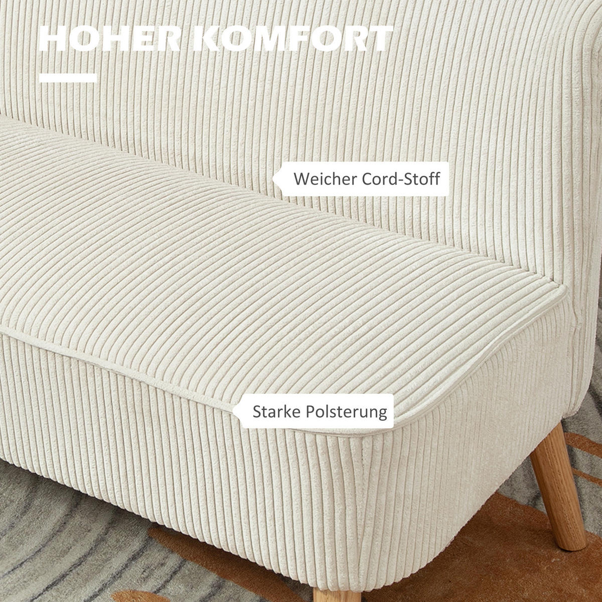 SOFA 2 Sitzer modern Couch ohne Armlehne Polstersofa mit Cord-Optik Cremeweiß - Creme/Naturfarben, Holz/Textil (56.5/77/117cm) - HOMCOM