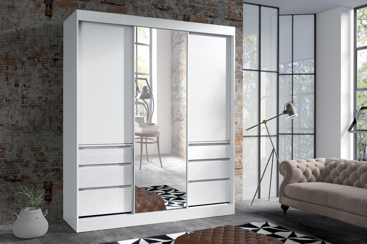 SCHWEBETÜRENSCHRANK HAITI 180/216 cm in Weiß Matt - Weiß, Holzwerkstoff (180/65/216cm) - Deine Möbel 24