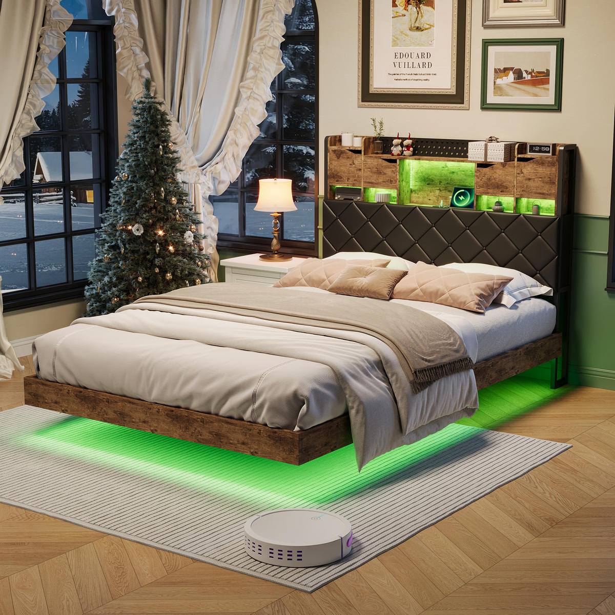 BETT 160x200 cm aus Massivholz, Schwebendes Design, Kopfteil mit Ablageregal und verstecktem Stauraum, LED-Beleuchtung, Lattenrost, - Natur - Naturfarben, Holzwerkstoff (160/200cm) - Brevoria