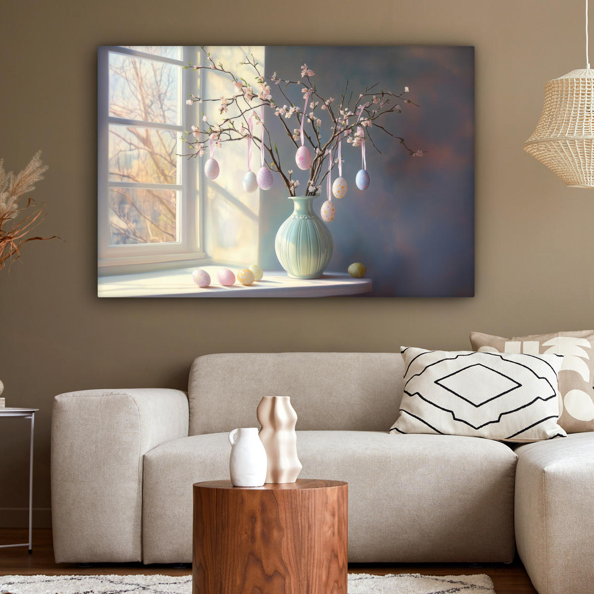 LEINWANDBILD Stillleben - Vase - Osterzweig Groß 140x90 cm - Hellblau, Textil (140/90cm) - MuchoWow