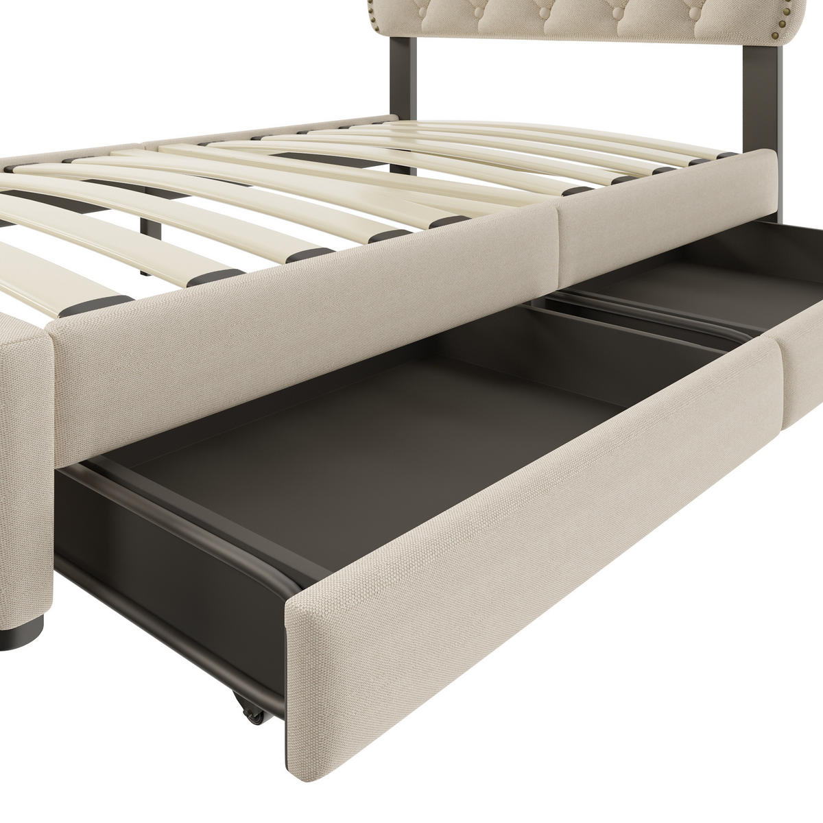 POLSTERBETT 90/200 cm in Dunkelbeige mit 2 Schubladen Leinen klassisches Design - Beige/Schwarz, Holzwerkstoff/Textil (90/200cm) - STILVORA