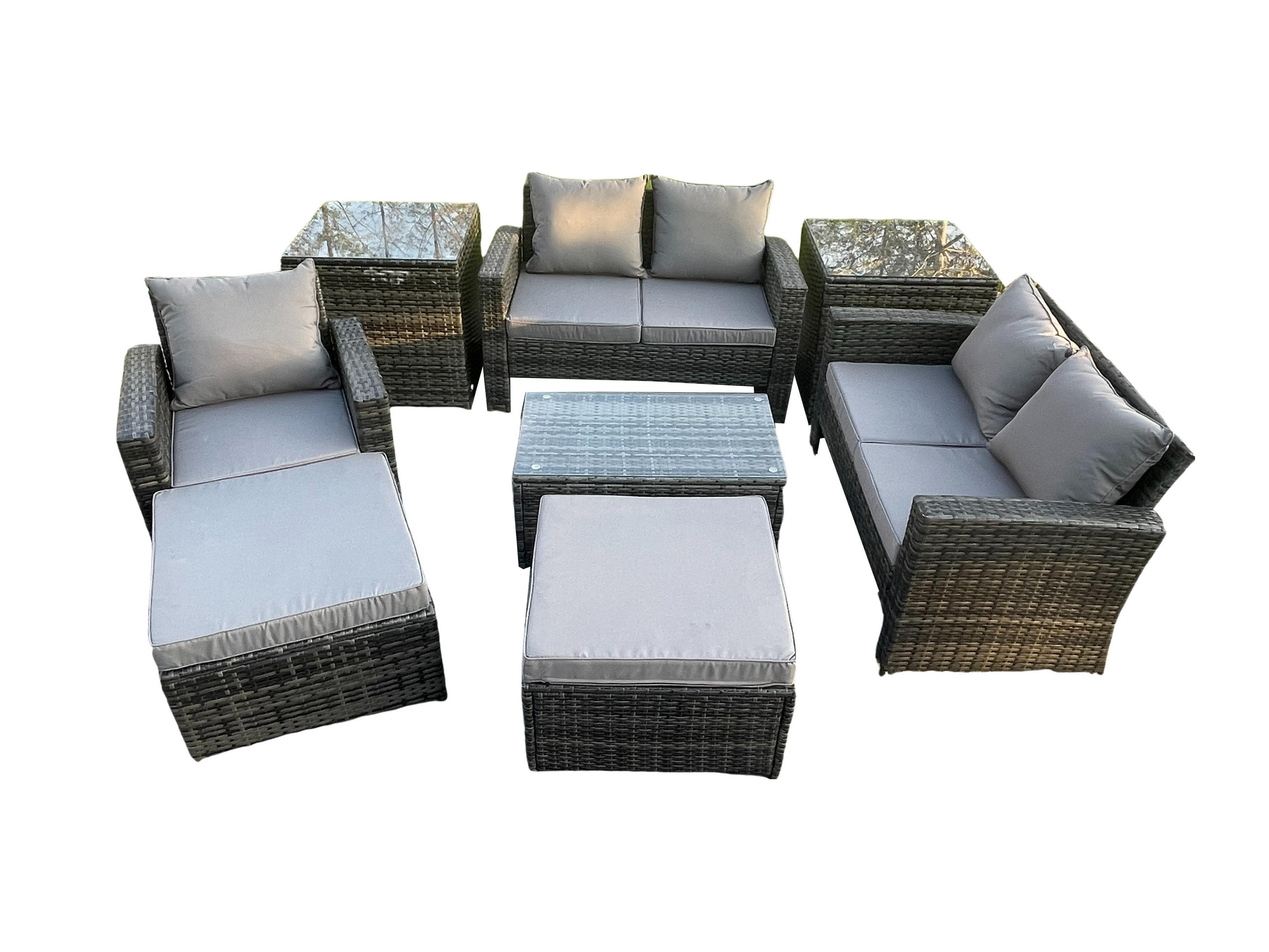 GARTENMÖBEL-SET SOFA STUHL MIT RECHTECKIGEM COUCHTISCH 2 HOCKER 2 BEISTELLTISCHE Polyrattan Dunkelgrau Gemischt 7-Sitzer - Dunkelgrau, Metall - Fimous