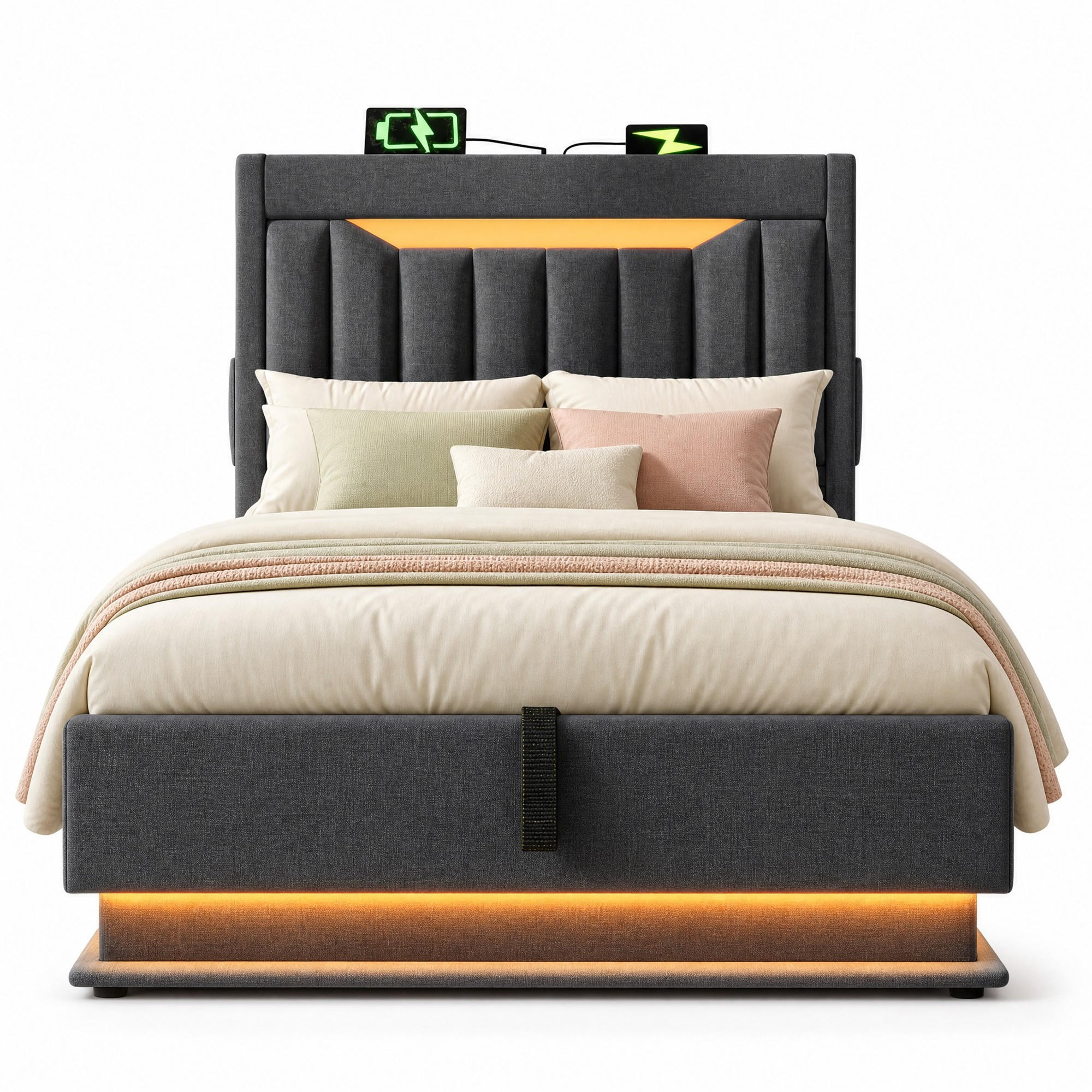 POLSTERBETT 90/200 mit Bettkasten, LED, USB/Typ-C und Stauraum-Kopfteil in Grau - Grau, Holzwerkstoff/Textil (90/200cm) - EVRYAE