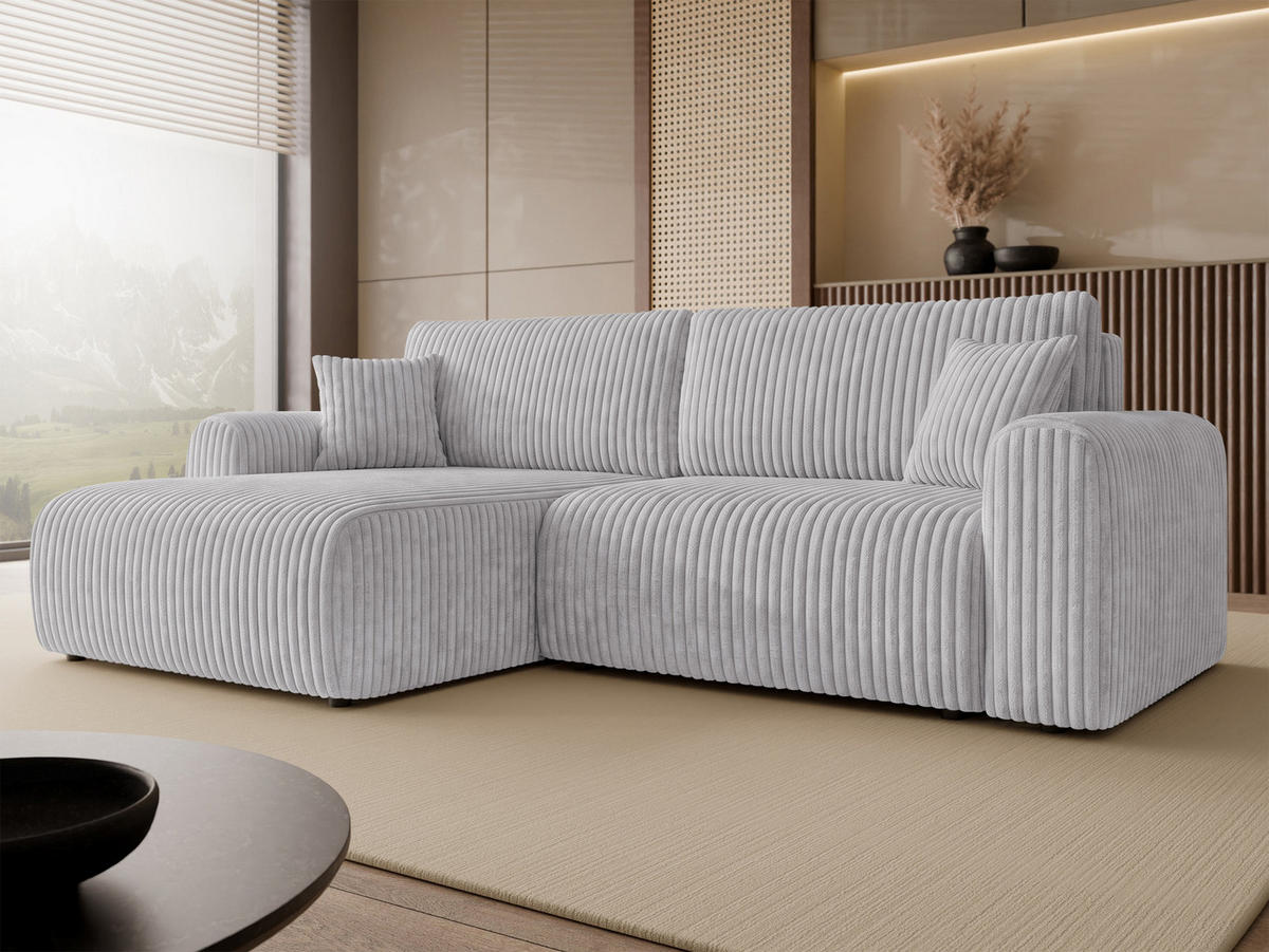 ECKSCHLAFSOFA Floryn L Cord Bis - Hellgrau/Schwarz, Holz/Kunststoff (245/145cm) - MIRJAN24