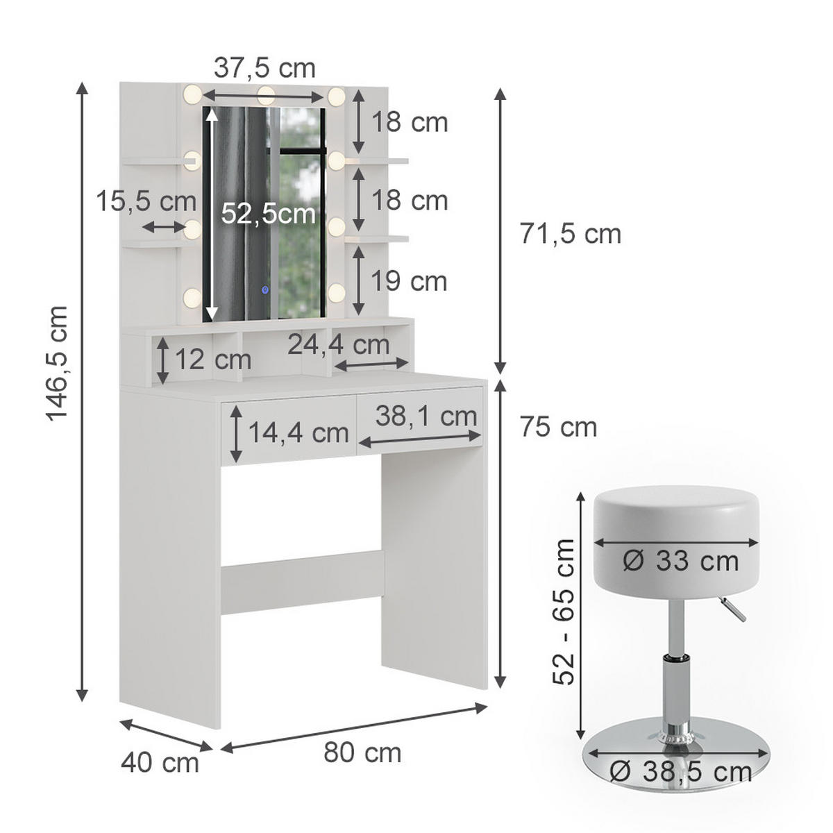 SCHMINKTISCH Taylor Weiß 80 cm mit LED Beleuchtung und Hocker - Weiß, Holzwerkstoff (80/146.5/40cm) - Vicco
