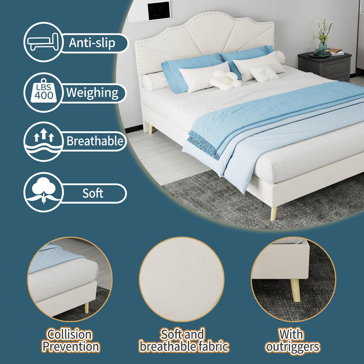 POLSTERBETT 140/200 cm DE-35437 mit weichem Kopfteil Beige - Beige, Metall (140/200cm) - ComfortXL