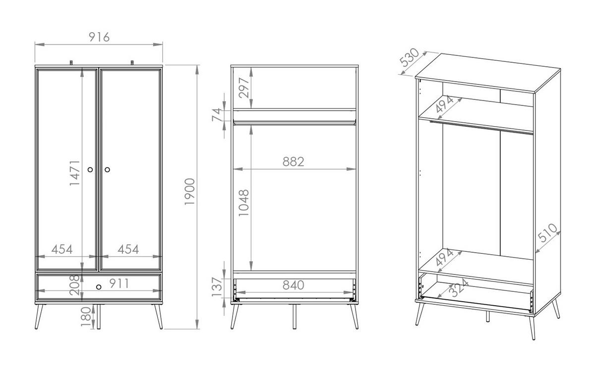 KLEIDERSCHRANK Goldin weiß / weiß hochglanz / gold 92 / 53 / 190cm - Weiß Hochglanz/Goldfarben, Holz/Holzwerkstoff (92/190/53cm) - Feldmann-Wohnen