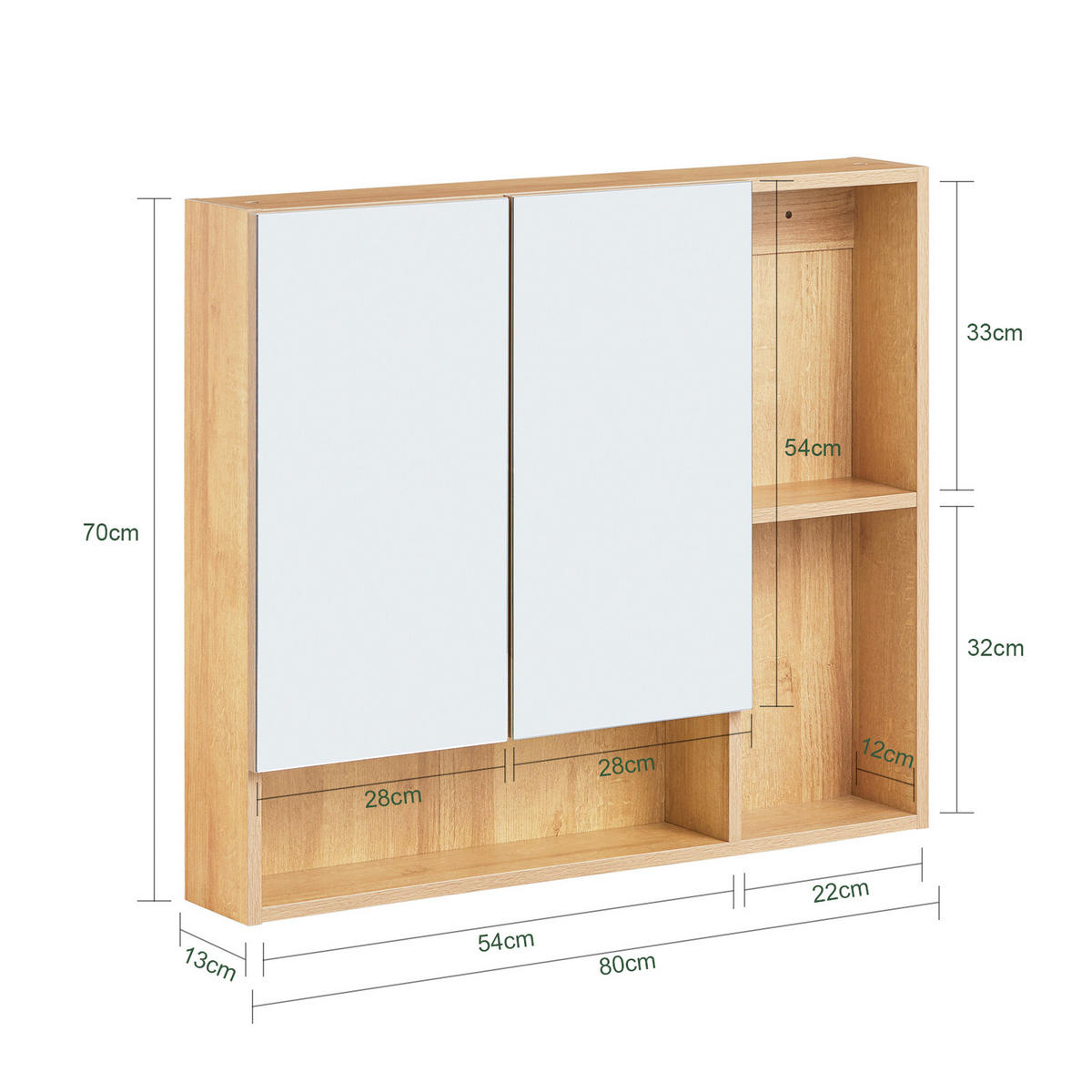 SPIEGELSCHRANK Natur - Braun, Glas/Holzwerkstoff (80/70/13cm) - SoBuy