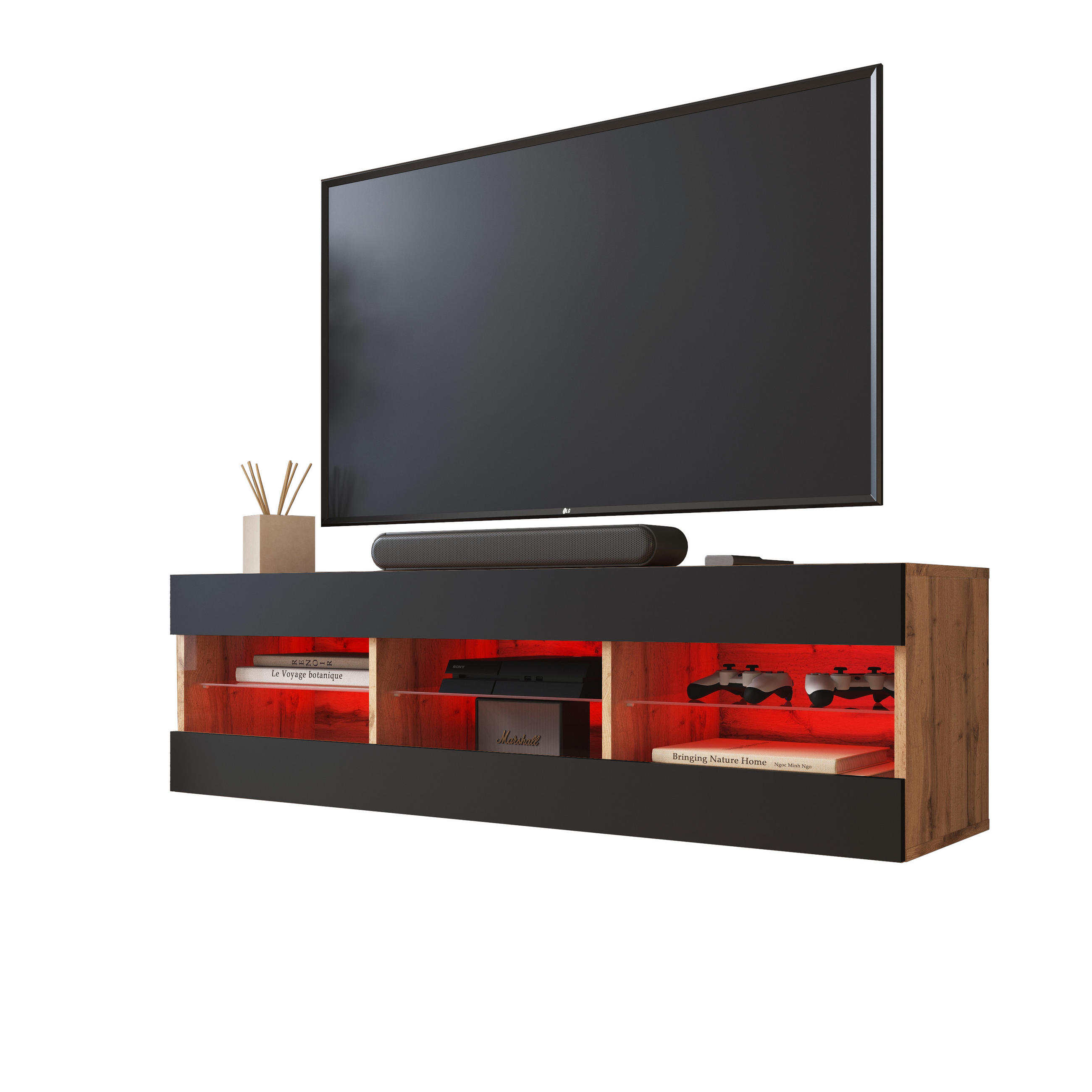 LOWBOARD TIVOLI RTV 140, Schwarz, LED Mehrfarbige - Eiche Wotan/Schwarz, Glas/Holzwerkstoff (140/40.5/35.5cm) - Komodee