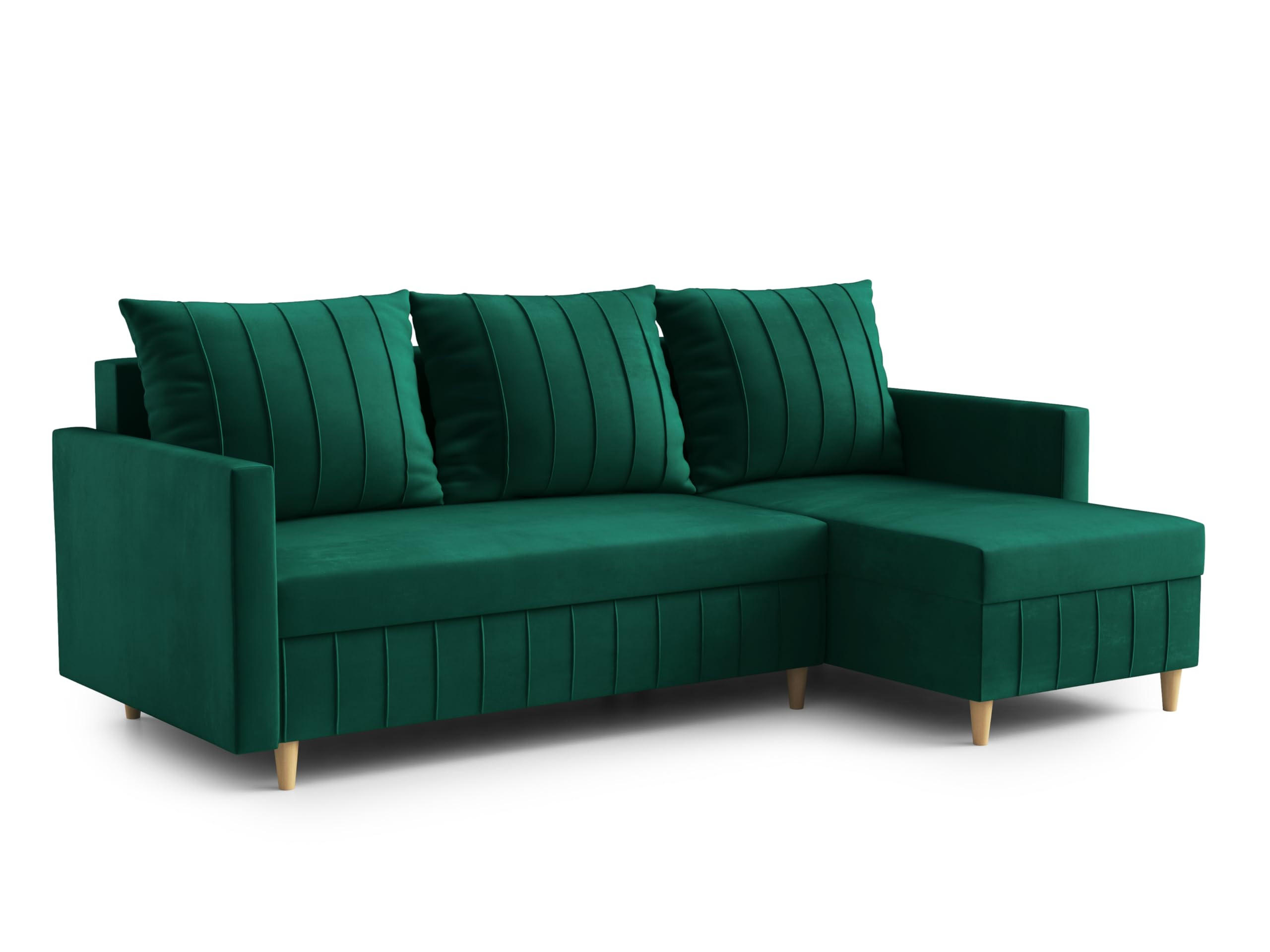 ECKSOFA FOX L-förmig Modernes Verstellbare Kopfstützen Luxuriöser Velours Schlaffunktion lose Rückenkissen freistehend RECHTS 224x146x98 cm Green - Grün, Holz/Textil (224/146cm) - DomoHome