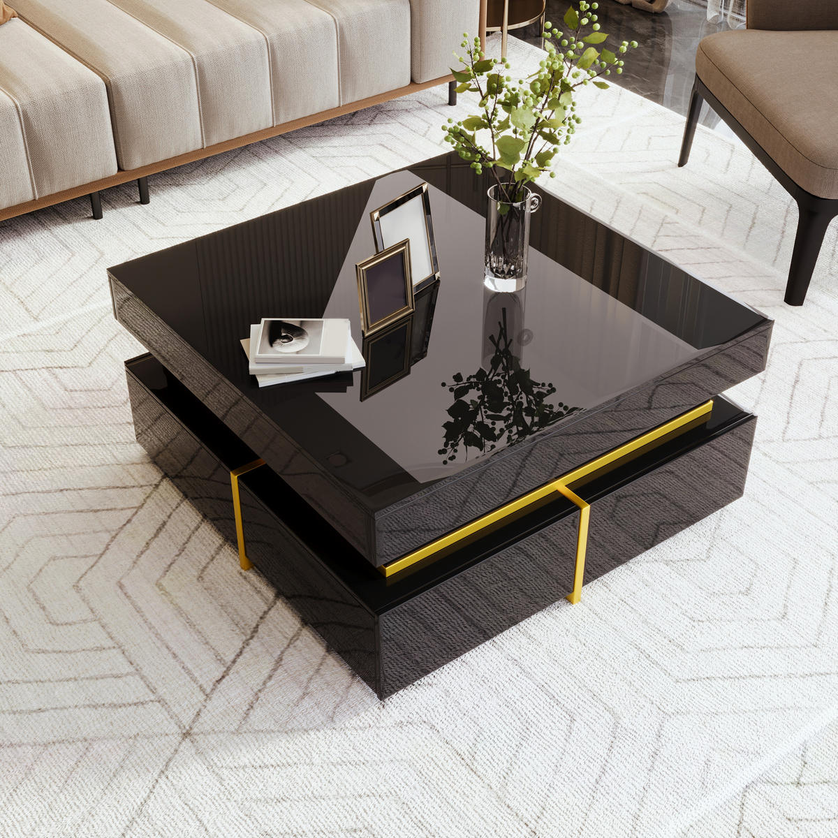 COUCHTISCH Hochglanz Weiß mit Schubladen und goldenen Akzenten - Schwarz, Holzwerkstoff (70/70/35.5cm) - Korfee