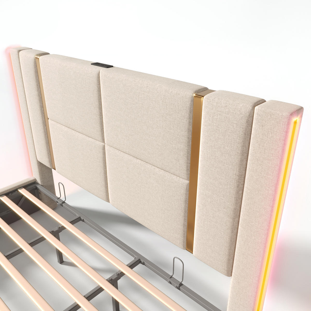 POLSTERBETT 180×200 cm aus Leinen-Stoff mit LED-Beleuchtung und USB-C-Anschluss, beige - Beige, Textil (180/200cm) - Luhomfu