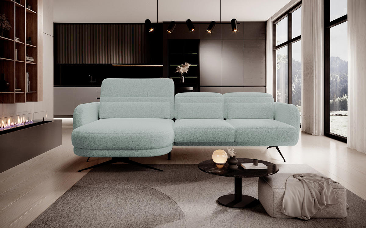 ECKSOFA BARILLO - Verstellbarer Rückenlehne, Stahlfüße, Elegante Armlehnen, Drei Rückenkissen, Freistehend, 261x170x97 cm Linke, Grün - Grün, Holz/Textil (170/261cm) - DomoHome
